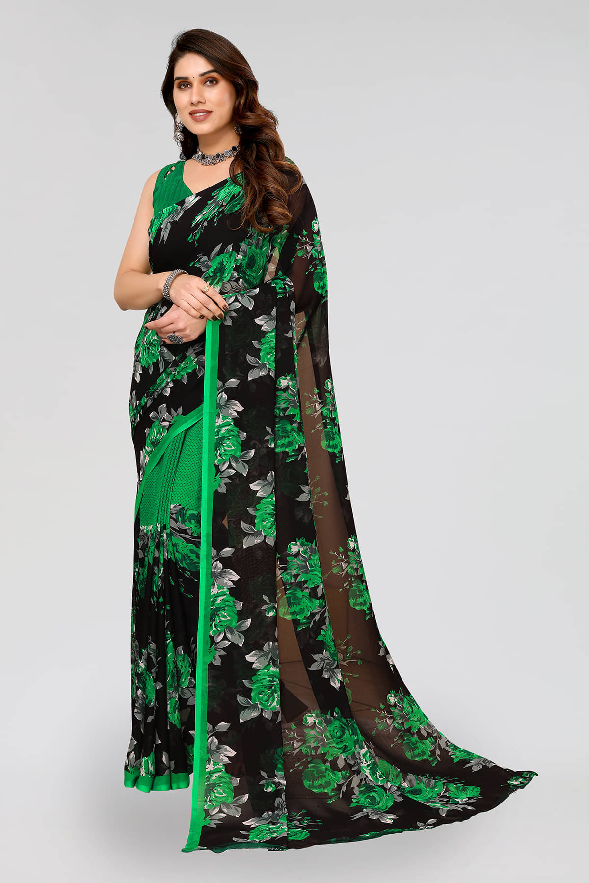 ANAND SAREES Georgette Printed Saree With Unstitched Blouse Piece ( Green ) ANAND SAREES Georgette Printed Saree With Unstitched Blouse Piece ( Green )