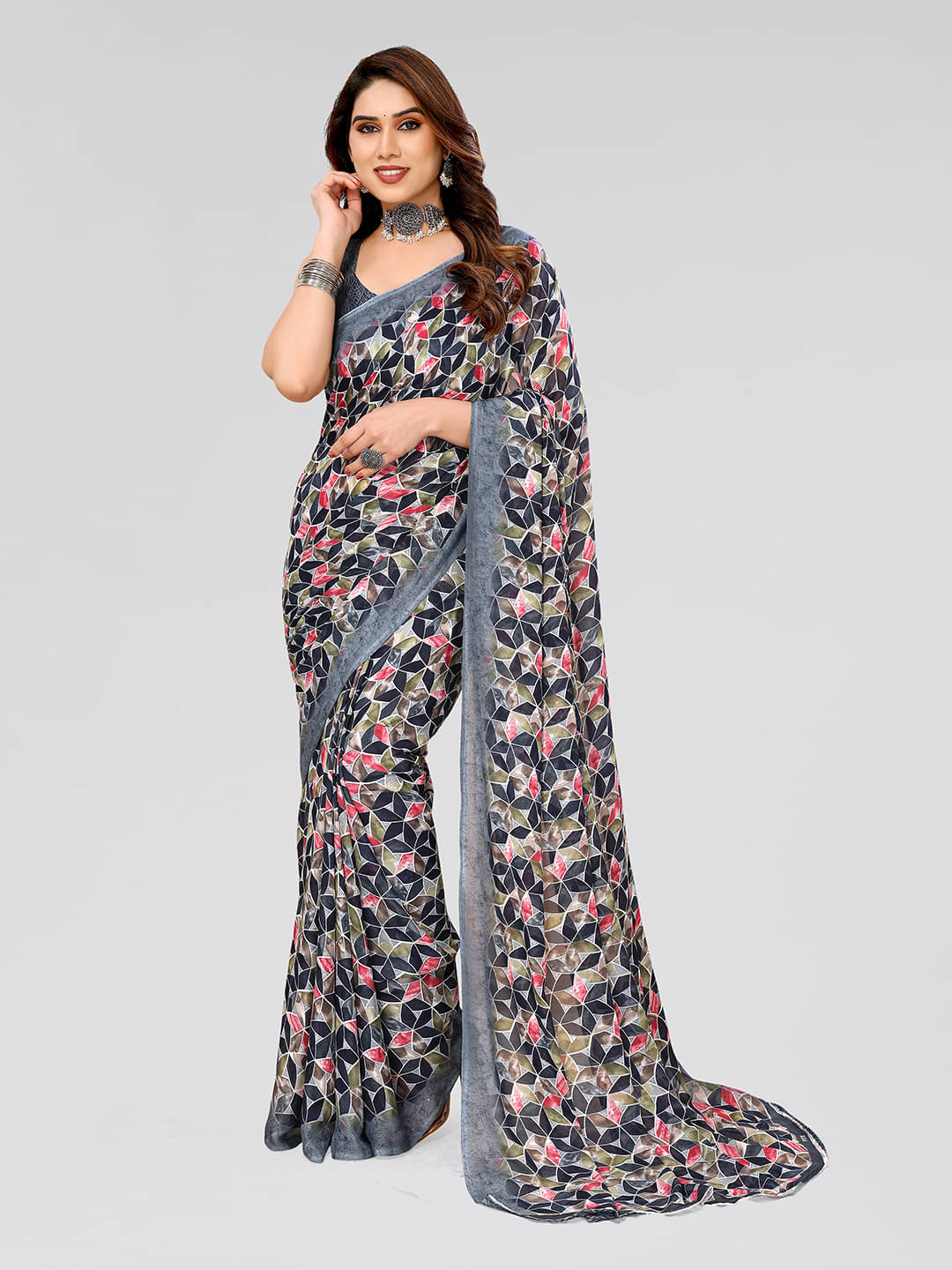 ANAND SAREES Georgette Printed Saree With Unstitched Blouse Piece ( Grey ) ANAND SAREES Georgette Printed Saree With Unstitched Blouse Piece ( Grey )