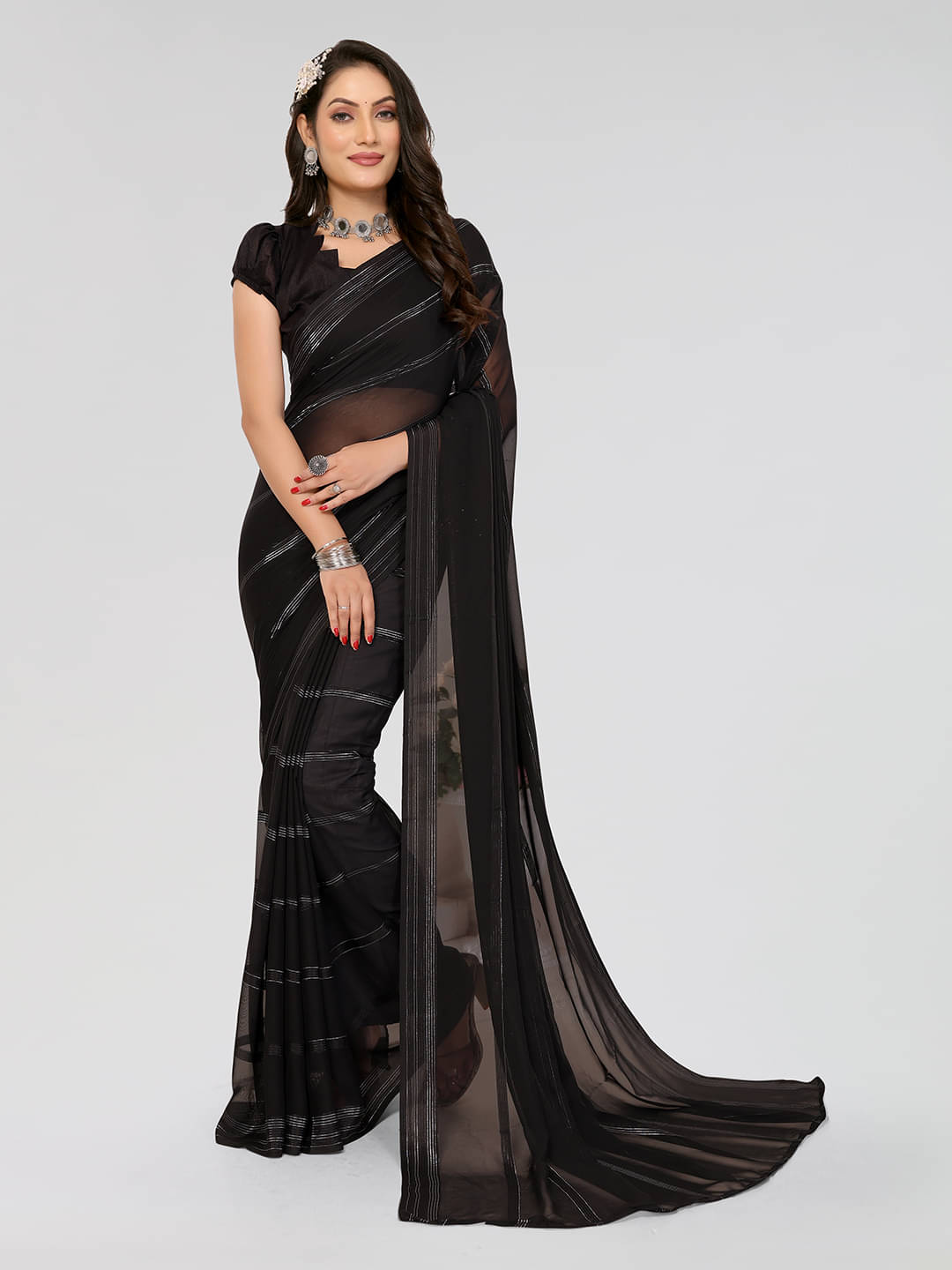ANAND SAREES Georgette Printed Saree With Unstitched Blouse Piece ( Black ) ANAND SAREES Georgette Printed Saree With Unstitched Blouse Piece ( Black )