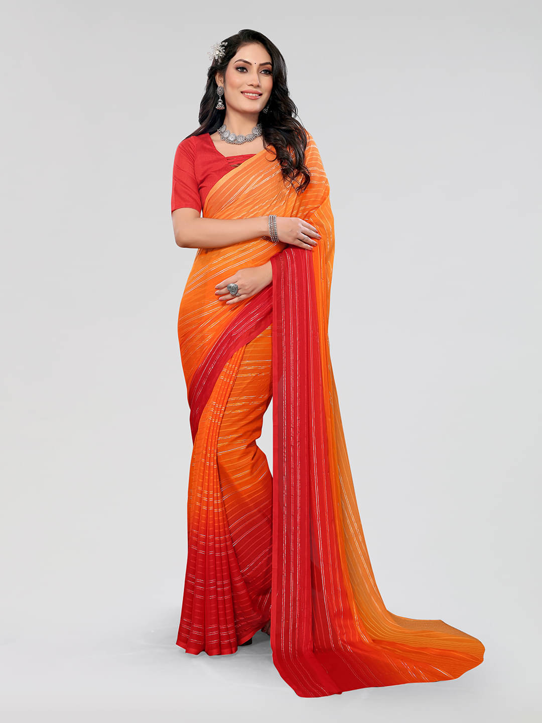 ANAND SAREES Georgette Printed Saree With Unstitched Blouse Piece ( Orange ) ANAND SAREES Georgette Printed Saree With Unstitched Blouse Piece ( Orange )