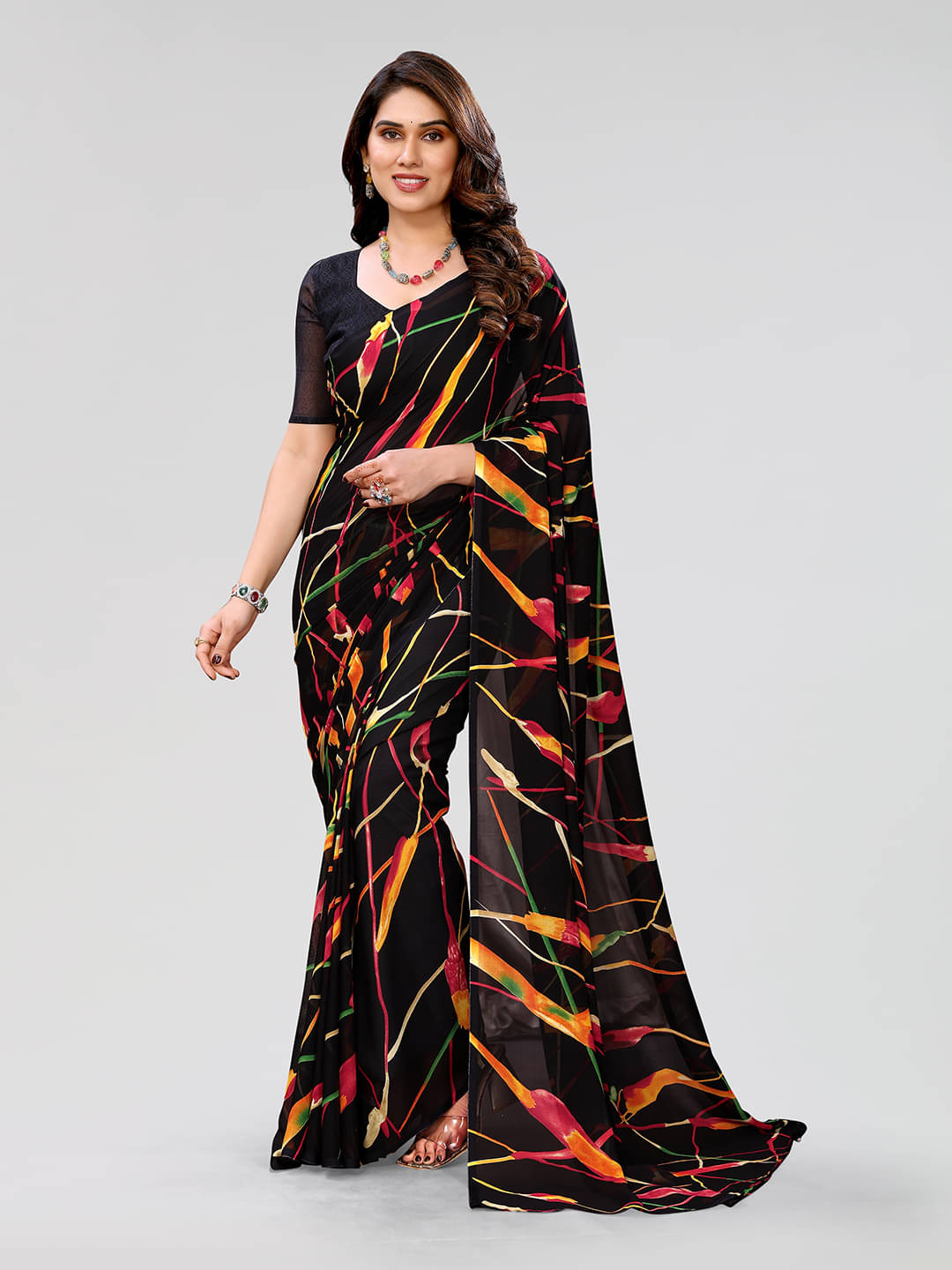 ANAND SAREES Georgette Printed Saree With Unstitched Blouse Piece ( Black ) ANAND SAREES Georgette Printed Saree With Unstitched Blouse Piece ( Black )