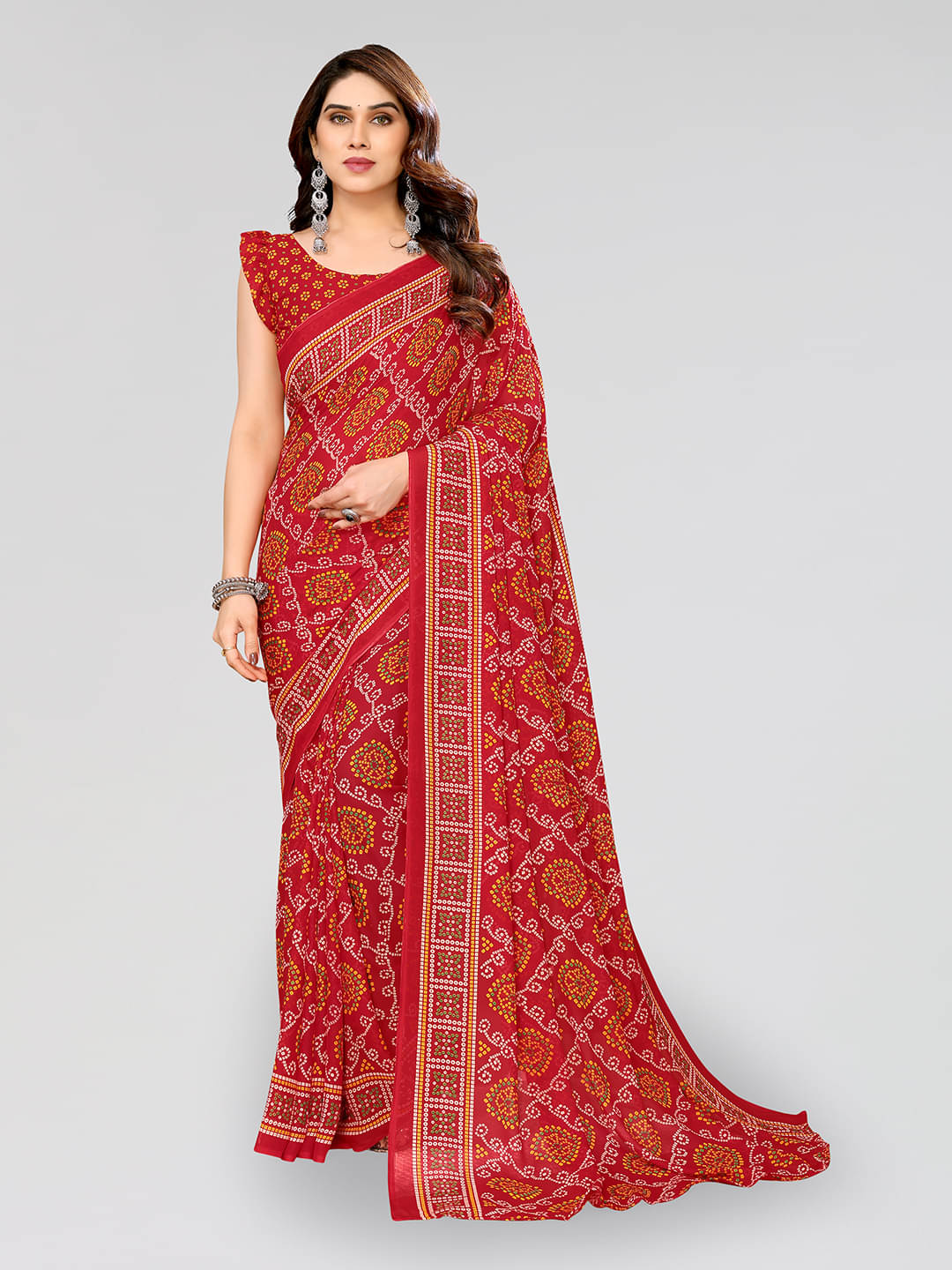 ANAND SAREES Georgette Printed Saree With Unstitched Blouse Piece ( Red ) ANAND SAREES Georgette Printed Saree With Unstitched Blouse Piece ( Red )