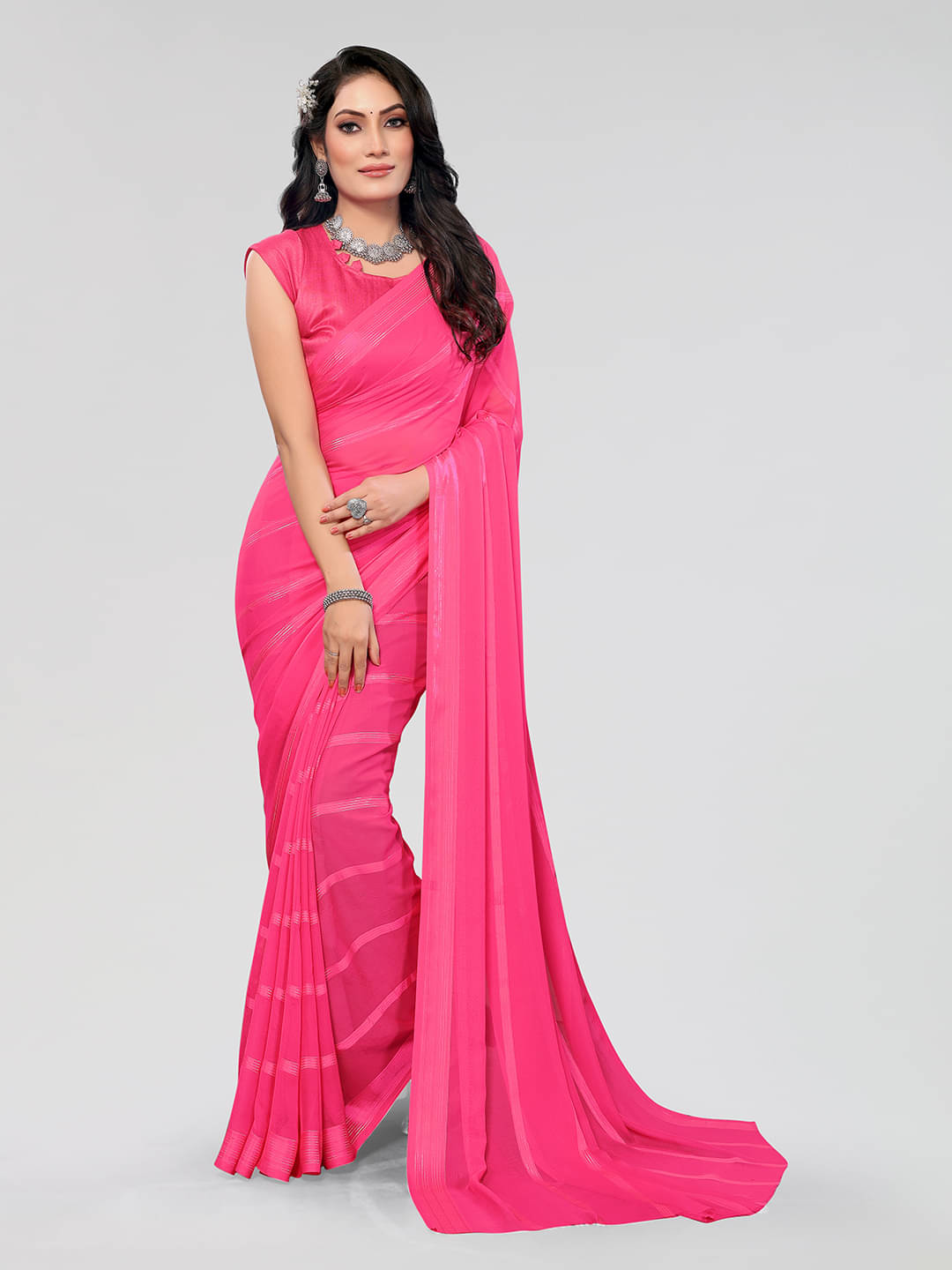 ANAND SAREES Georgette Printed Saree With Unstitched Blouse Piece ( Pink ) ANAND SAREES Georgette Printed Saree With Unstitched Blouse Piece ( Pink )