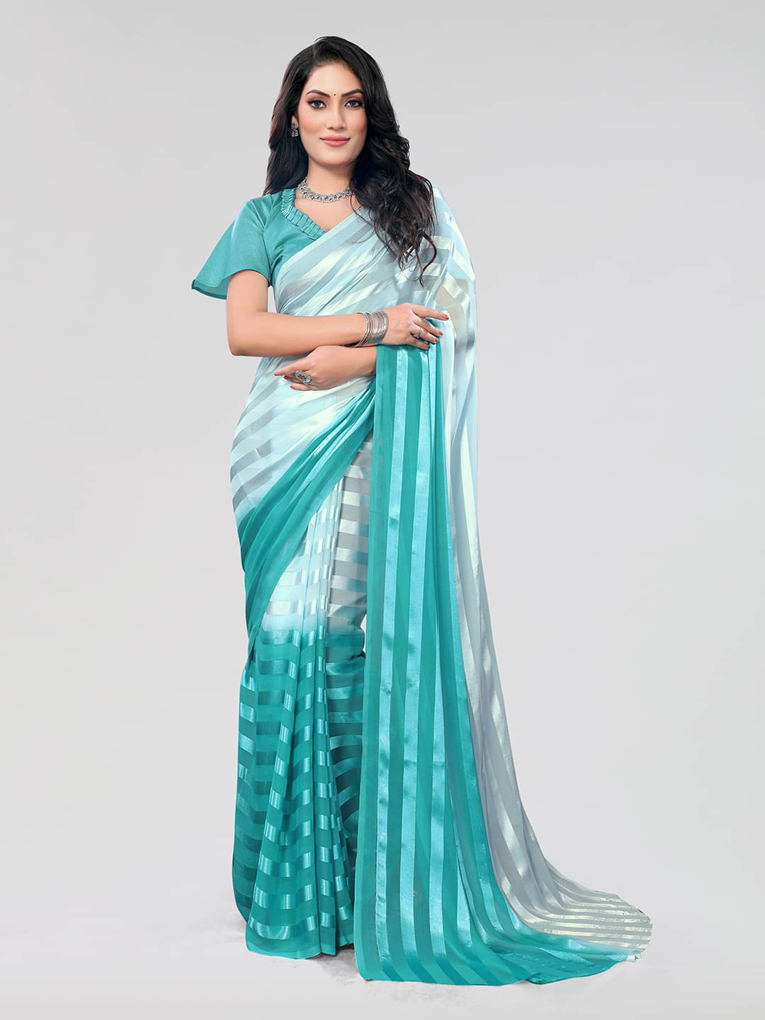 ANAND SAREES Georgette Printed Saree With Unstitched Blouse Piece ( Light Blue ) ANAND SAREES Georgette Printed Saree With Unstitched Blouse Piece ( Light Blue )