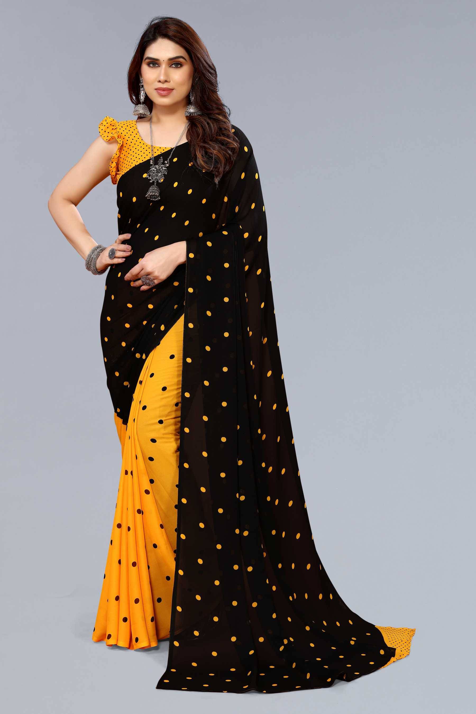 ANAND SAREES Georgette Printed Saree With Unstitched Blouse Piece ( Yellow ) ANAND SAREES Georgette Printed Saree With Unstitched Blouse Piece ( Yellow )