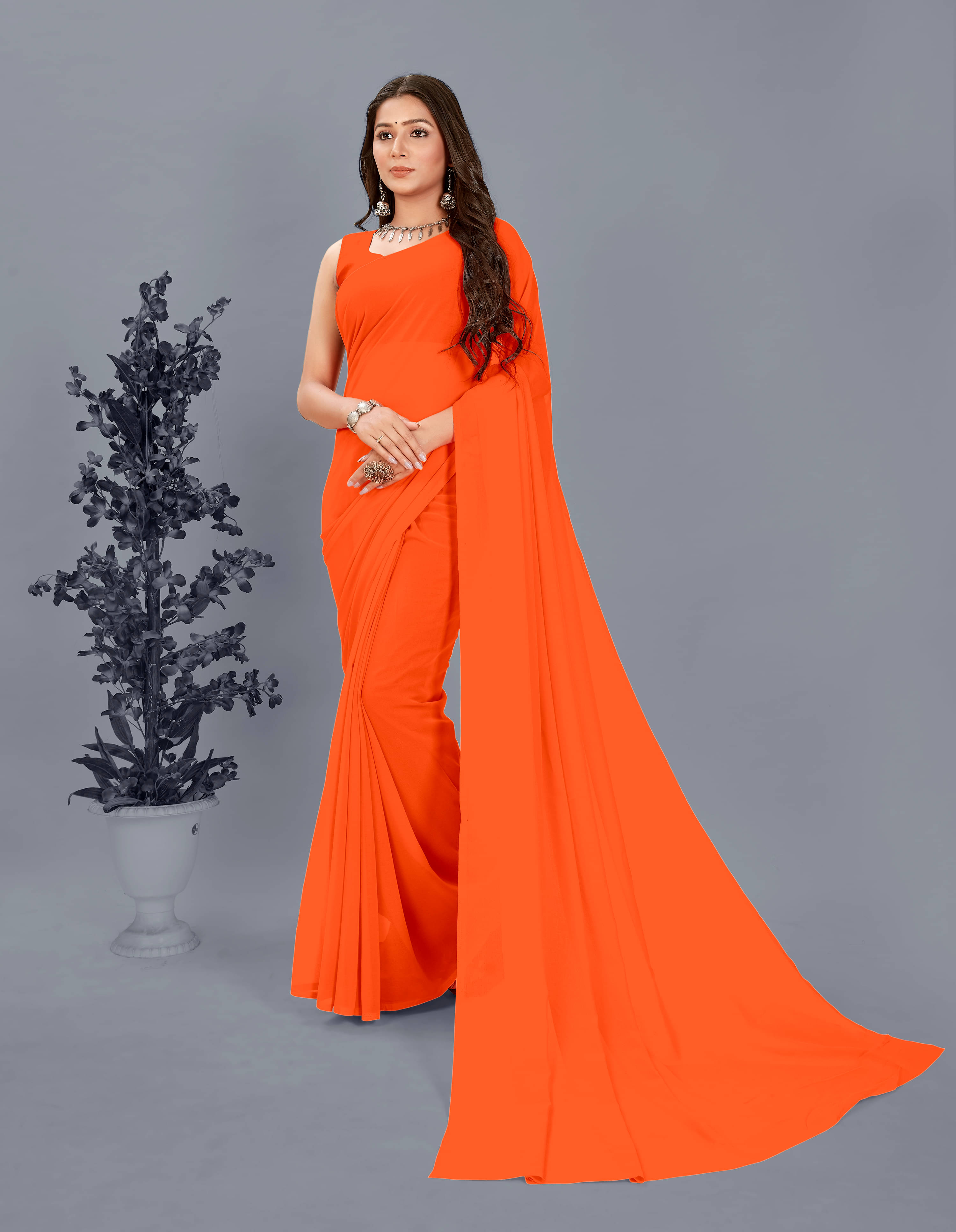     			ANAND SAREES Georgette Solid Saree With Unstitched Blouse Piece ( Orange )