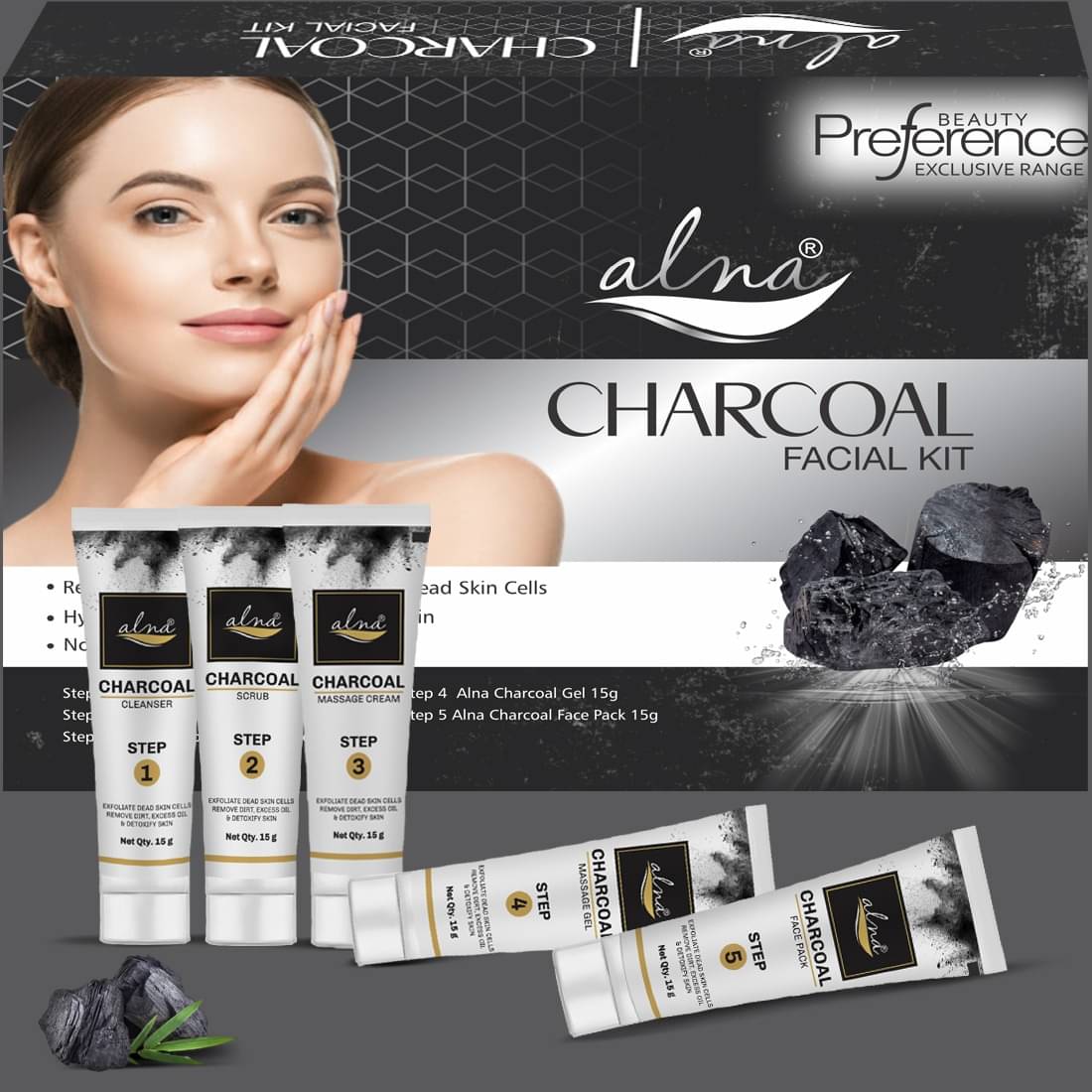     			Alna Charcoal Facial Kit 75gm Gives Glowing Skin , Pack of 1