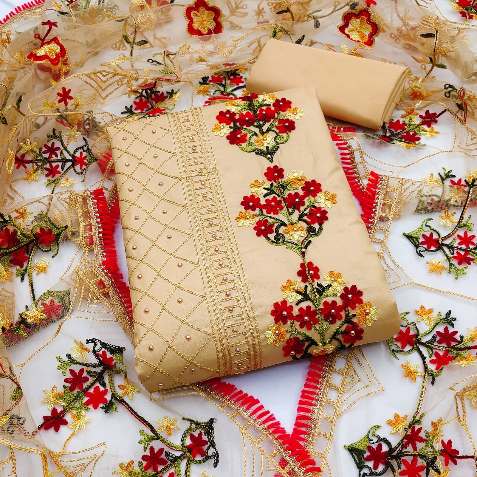 Any Fab Unstitched Cotton Embroidered Dress Material - Beige ( Pack of 1 ) Any Fab Unstitched Cotton Embroidered Dress Material - Beige ( Pack of 1 )