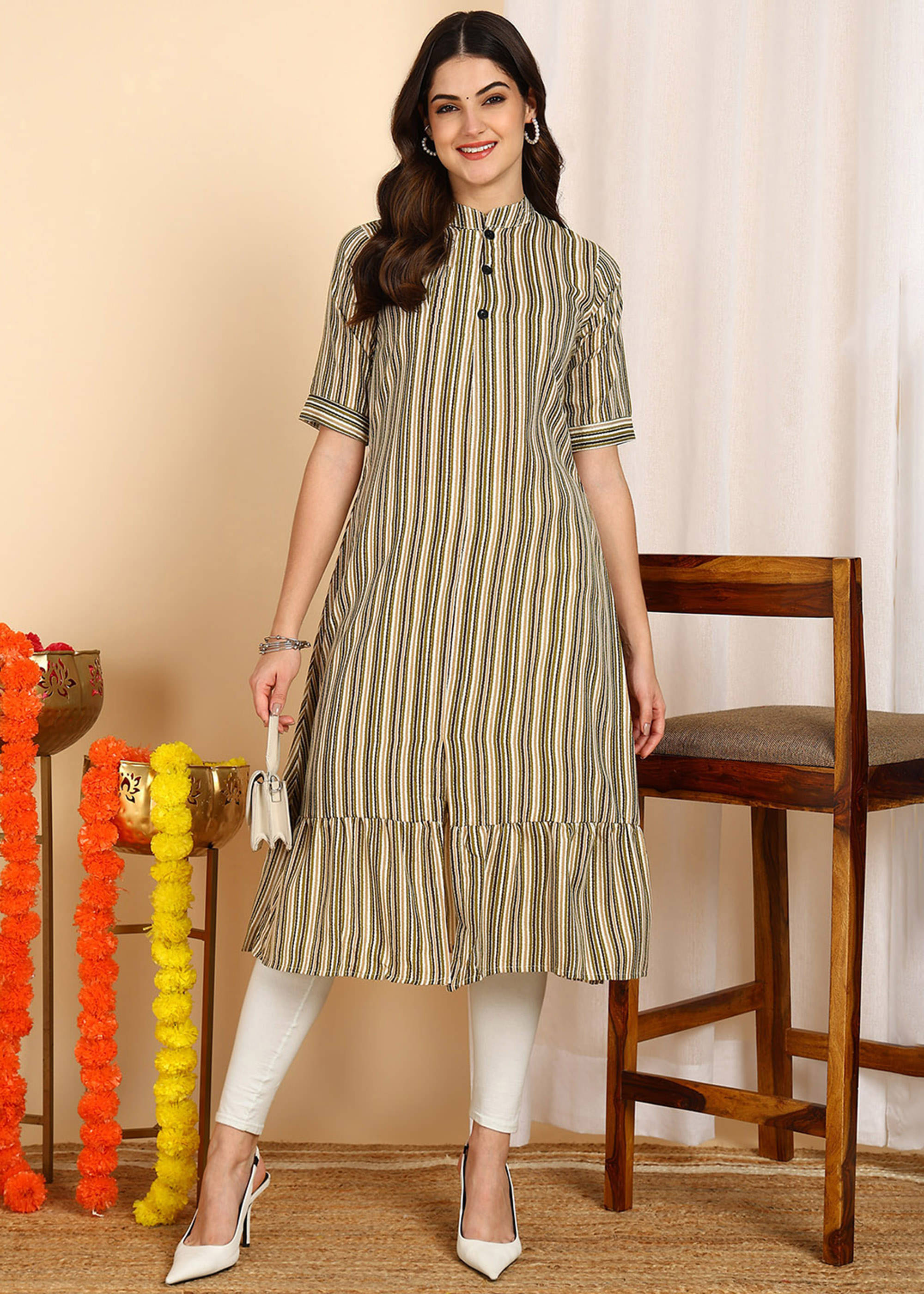     			DSK STUDIO Pack of 1 Cotton Blend Striped Front Slit Women's Kurti - ( Green )