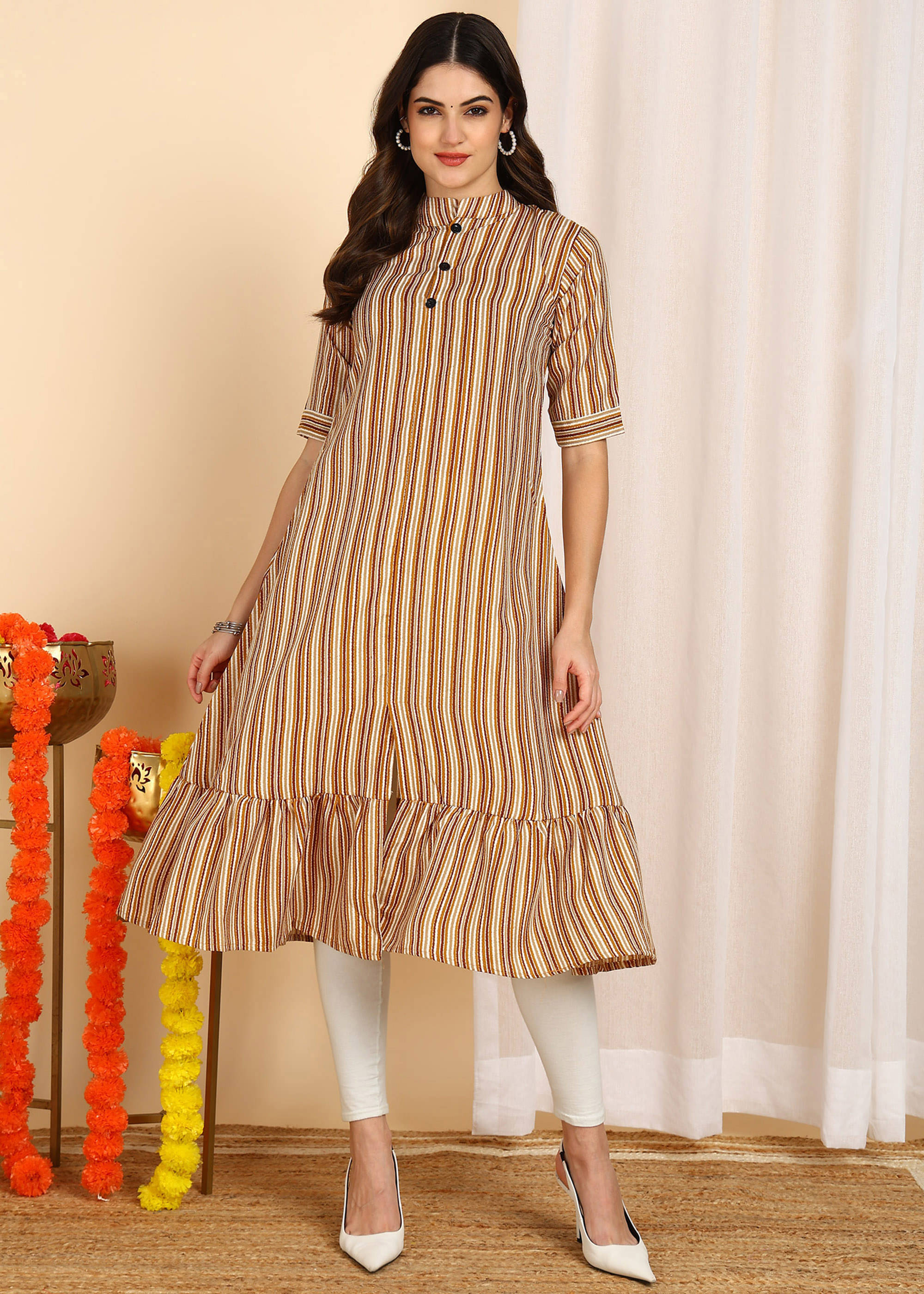 DSK STUDIO Pack of 1 Cotton Blend Striped Front Slit Women's Kurti - ( Mustard ) DSK STUDIO Pack of 1 Cotton Blend Striped Front Slit Women's Kurti - ( Mustard )