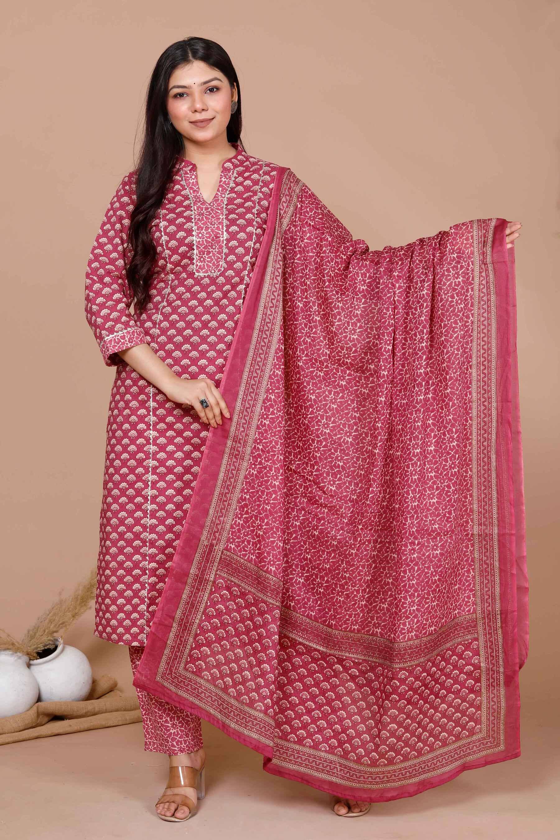 Doriyaan Cotton Printed Kurti With Palazzo Women's Stitched Salwar Suit - Pink ( Pack of 1 )
