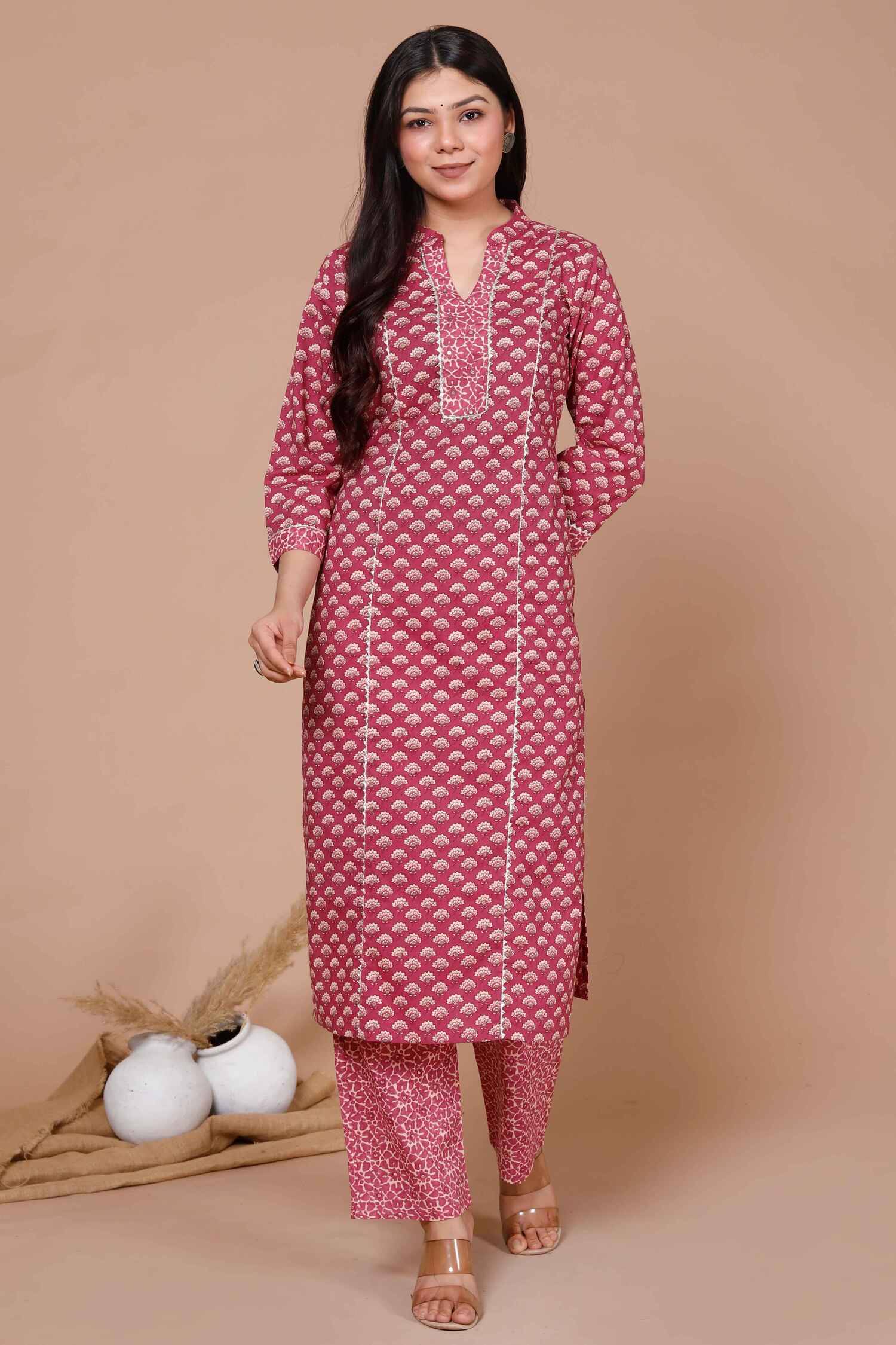 Doriyaan Cotton Printed Kurti With Palazzo Women's Stitched Salwar Suit - Pink ( Pack of 1 ) Doriyaan Cotton Printed Kurti With Palazzo Women's Stitched Salwar Suit - Pink ( Pack of 1 )
