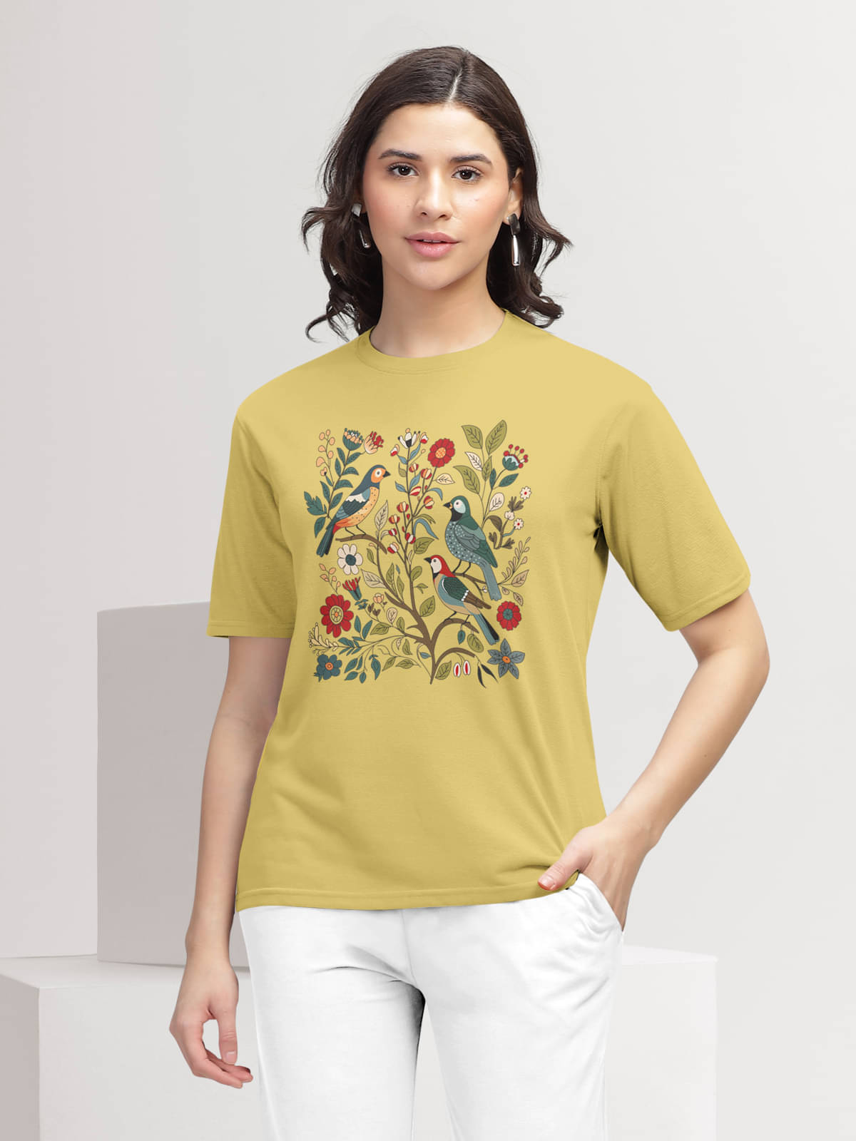 HELLCAT Women Cotton Blend Printed Regular Fit Round Neck T-Shirt ( Mustard ) HELLCAT Women Cotton Blend Printed Regular Fit Round Neck T-Shirt ( Mustard )