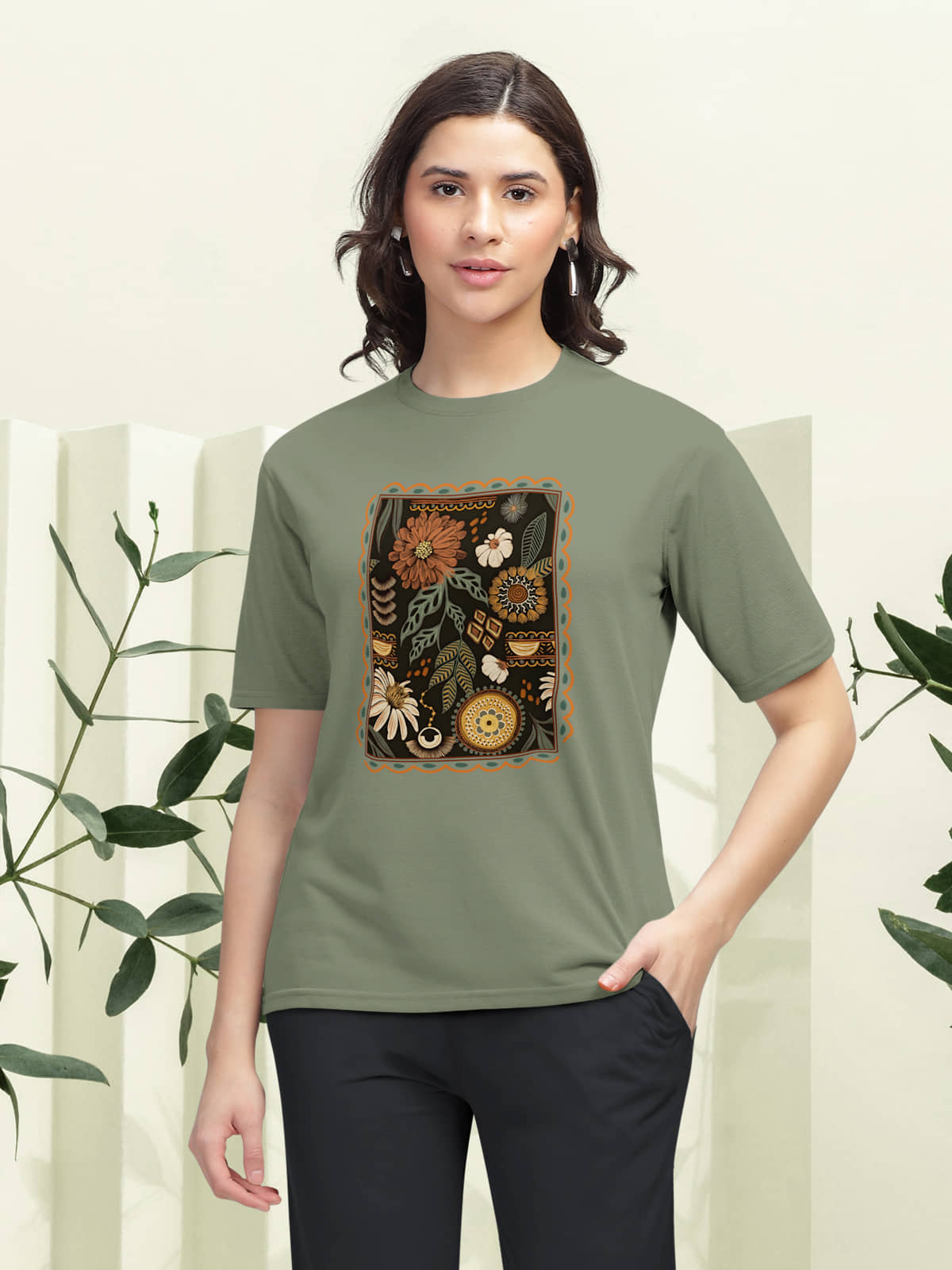 HELLCAT Trendy Printed Regular Fit Round Neck Casual Tshirt for Women_Olive