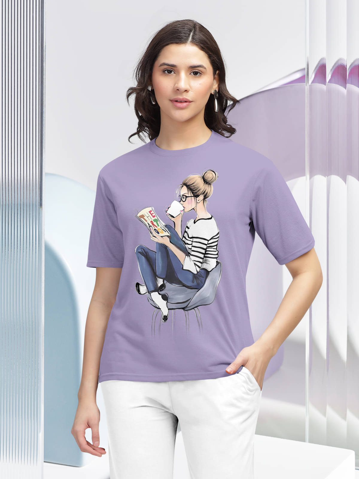     			HELLCAT Women Cotton Blend Printed Regular Fit Round Neck T-Shirt ( Purple )