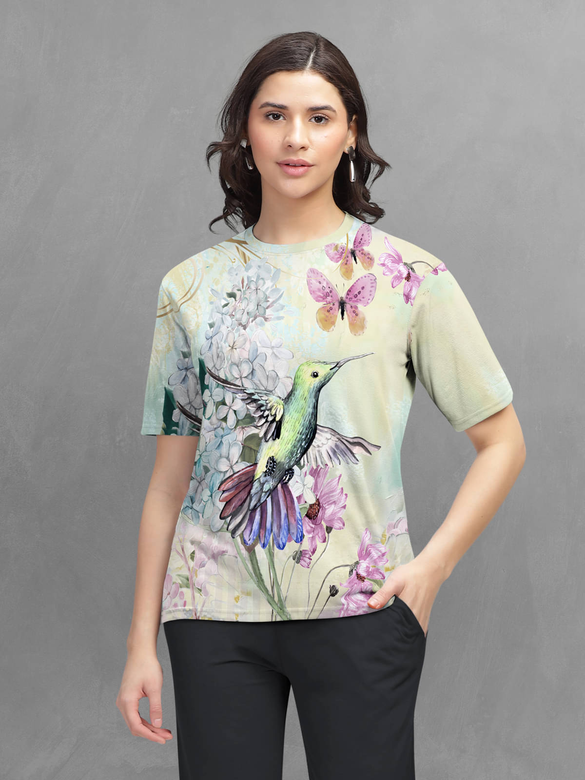     			HELLCAT Women Cotton Blend Printed Regular Fit Round Neck T-Shirt ( Beige )