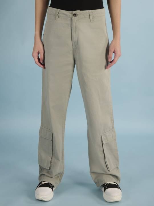     			Women Grey Classic Straight Fit Cotton High-Rise Cargos