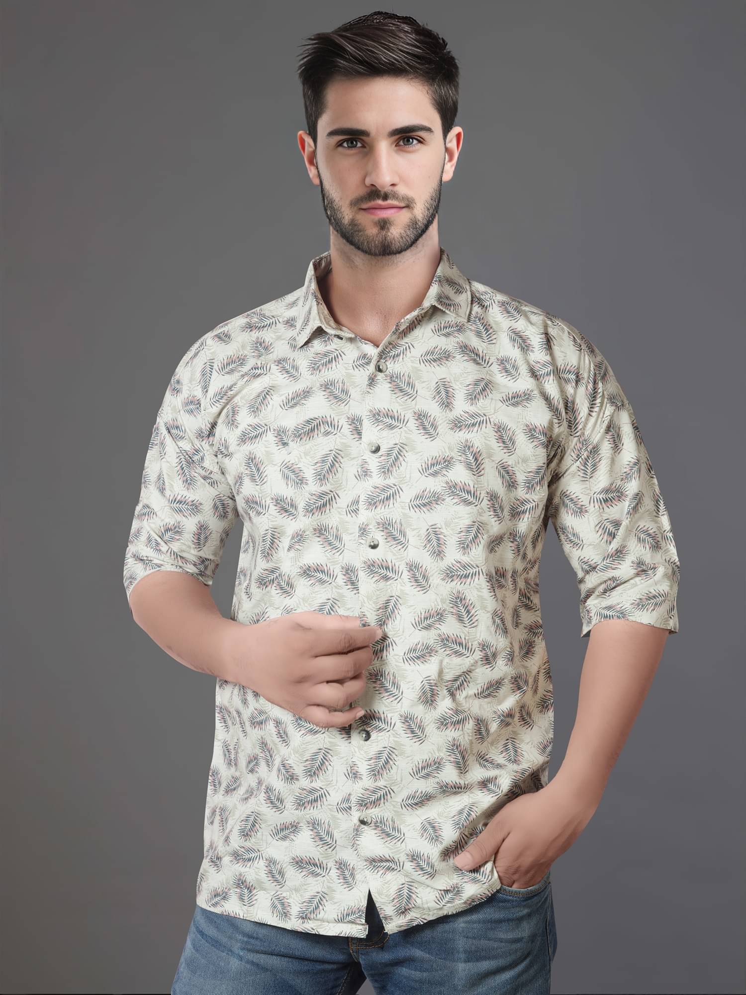     			JB JUST BLACK Cotton Blend Oversized Fit Printed 3/4th Sleeves Men's Casual Shirt - Beige ( Pack of 1 )