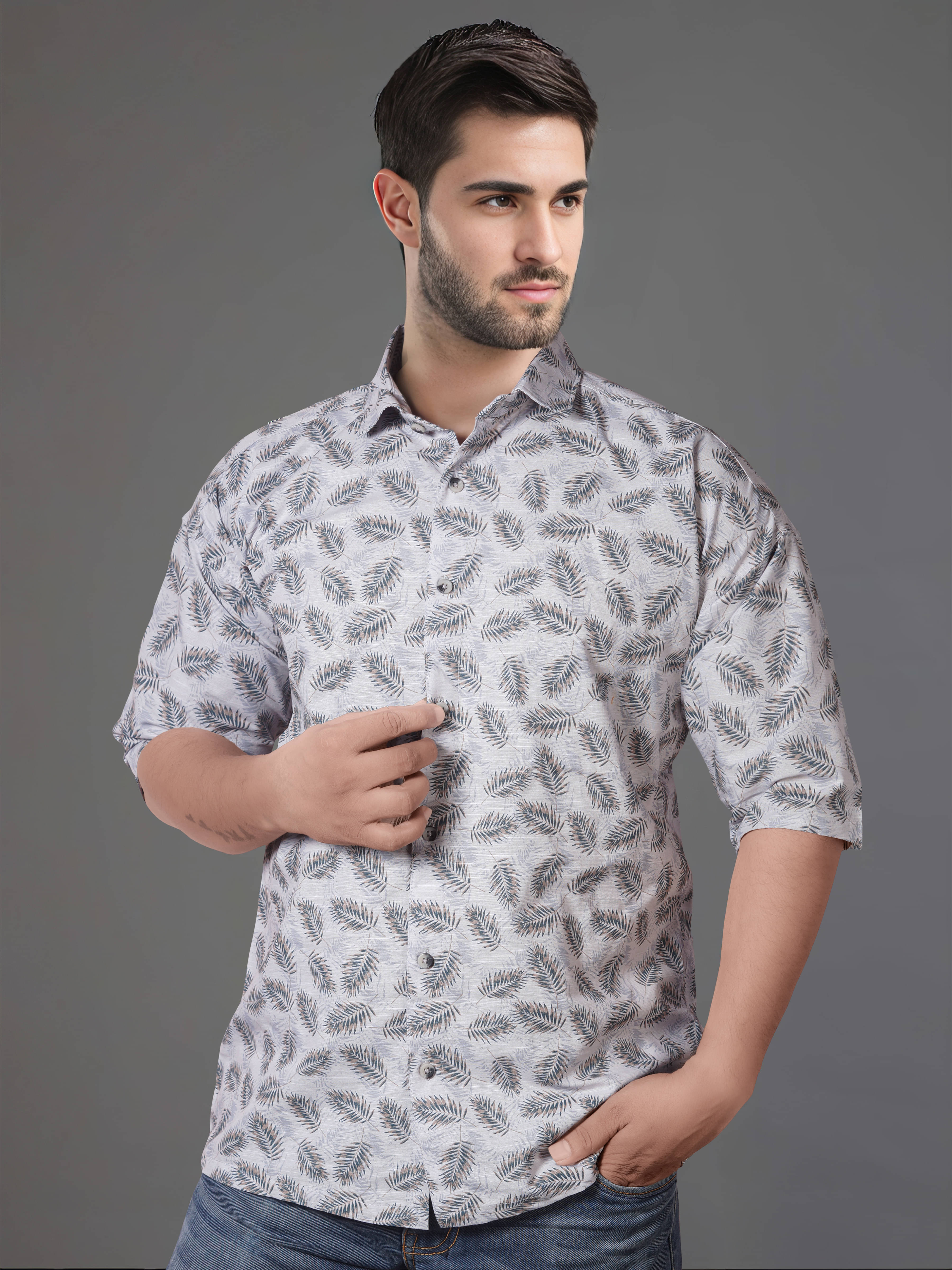     			JB JUST BLACK Cotton Blend Oversized Fit Printed 3/4th Sleeves Men's Casual Shirt - Grey ( Pack of 1 )