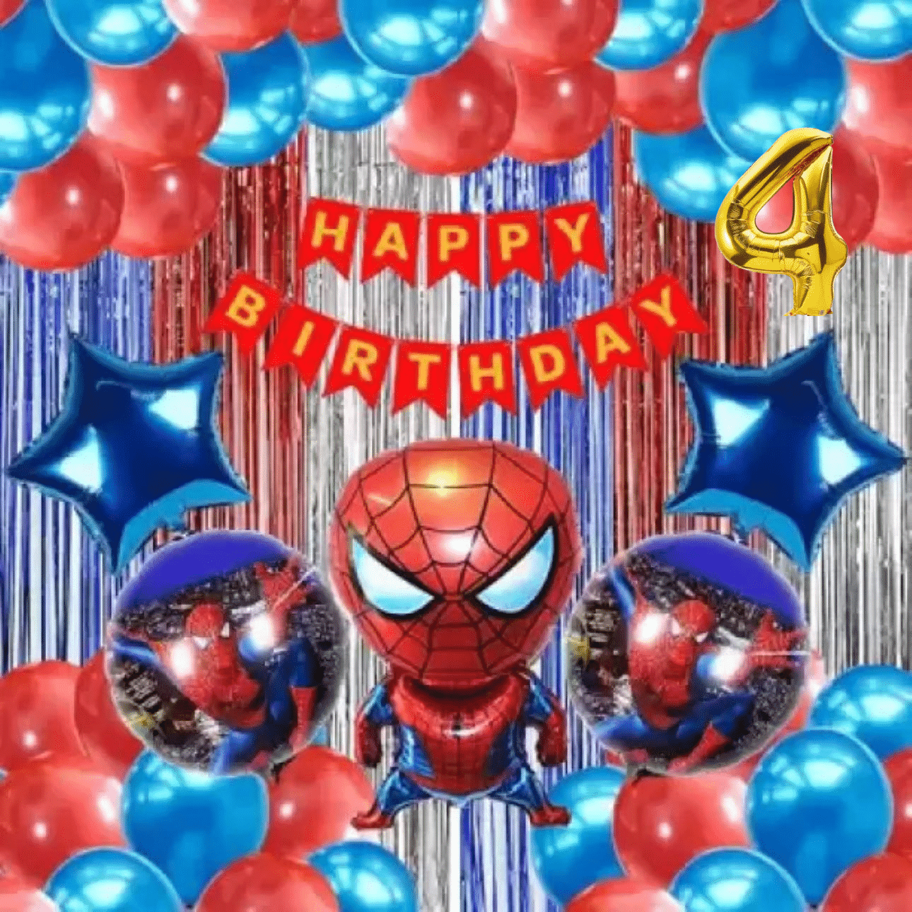     			KR 4TH HAPPY BIRTHDAY PARTY DECORATION ( CELEBRATION ) WITH SPIDERMAN THEME RED BIRTHDAY BANNER 1 SET SPIDER MAN 30 RED BLUE BALLOON 1 RED 1 SILVER 1 BLUE CURTAIN  4NO GOLD FOIL BALLOON