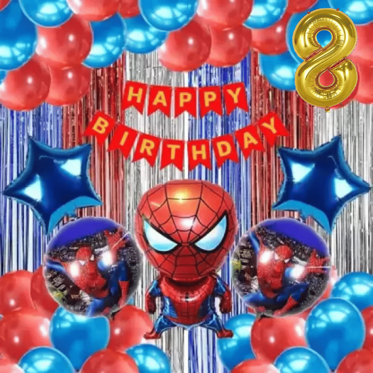     			KR 8TH HAPPY BIRTHDAY PARTY DECORATION ( CELEBRATION ) WITH SPIDERMAN THEME RED BIRTHDAY BANNER 1 SET SPIDER MAN 30 RED BLUE BALLOON 1 RED 1 SILVER 1 BLUE CURTAIN  8NO GOLD FOIL BALLOON