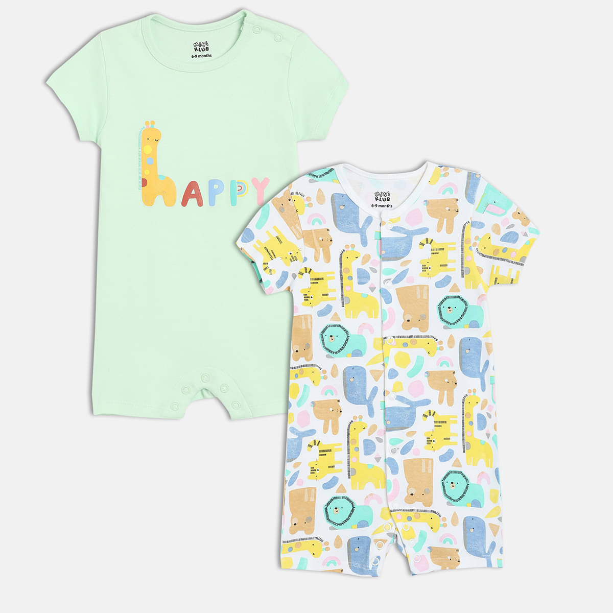     			MINI KLUB Pack of 2 Baby Boys Cotton Rompers ( White & Green )