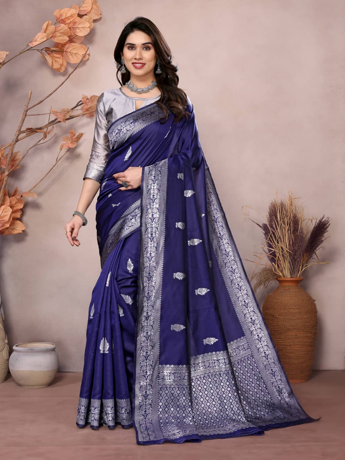 BLEESBURY Banarasi Silk Woven Saree With Unstitched Blouse Piece ( Blue ) - Sarees | Buy online on ZillyBuy
