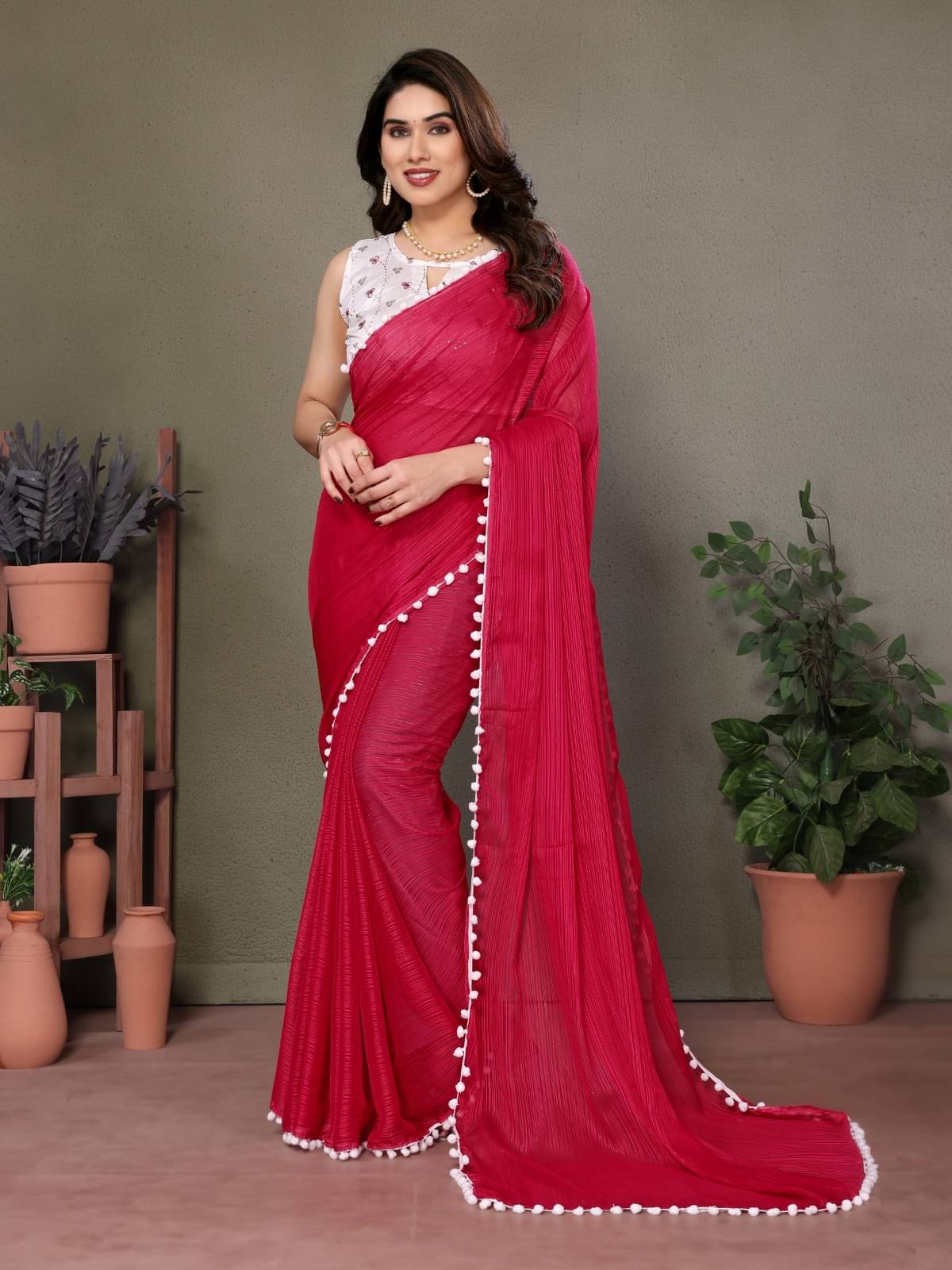 BLEESBURY Chiffon Striped Saree With Unstitched Blouse Piece ( Pink ) BLEESBURY Chiffon Striped Saree With Unstitched Blouse Piece ( Pink )