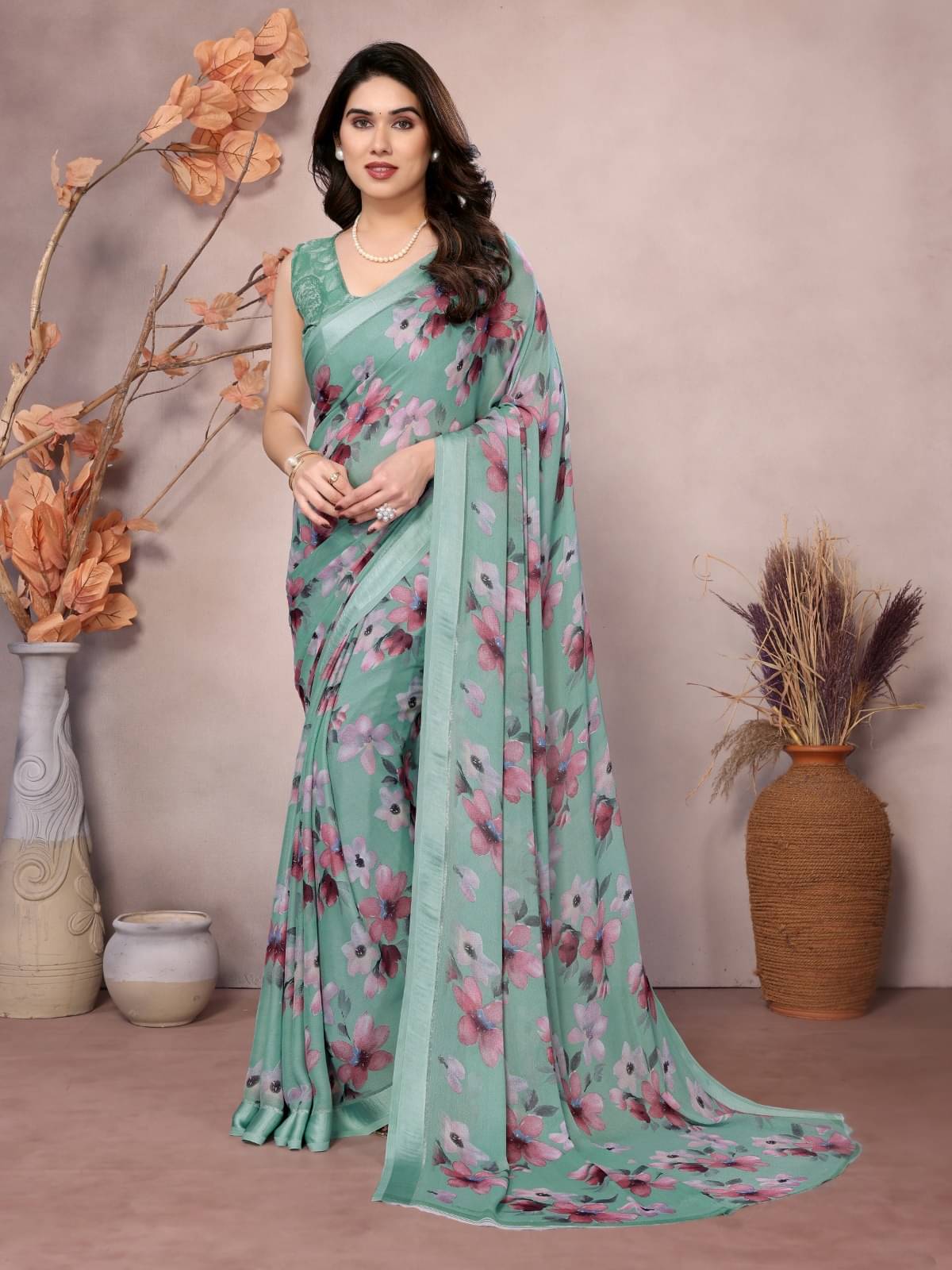     			BLEESBURY Chiffon Printed Saree With Unstitched Blouse Piece ( Sea Green )