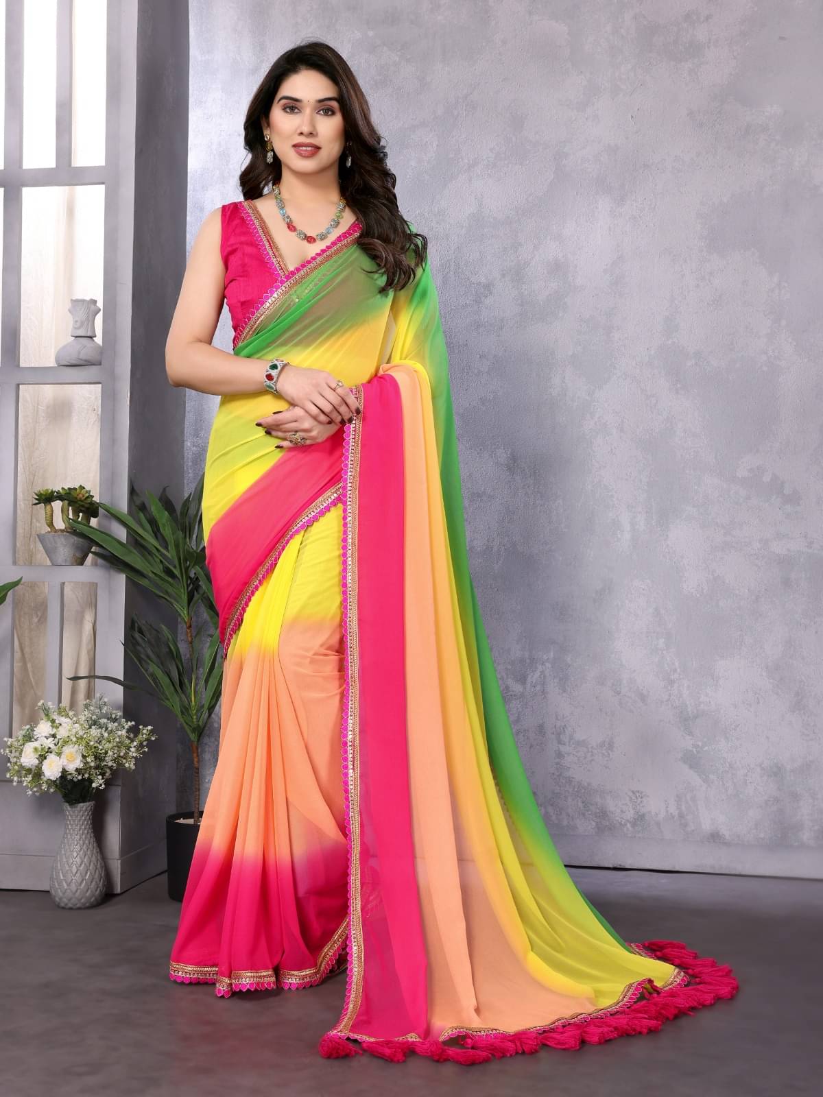 BLEESBURY Georgette Dyed Saree With Unstitched Blouse Piece ( Green ) BLEESBURY Georgette Dyed Saree With Unstitched Blouse Piece ( Green )