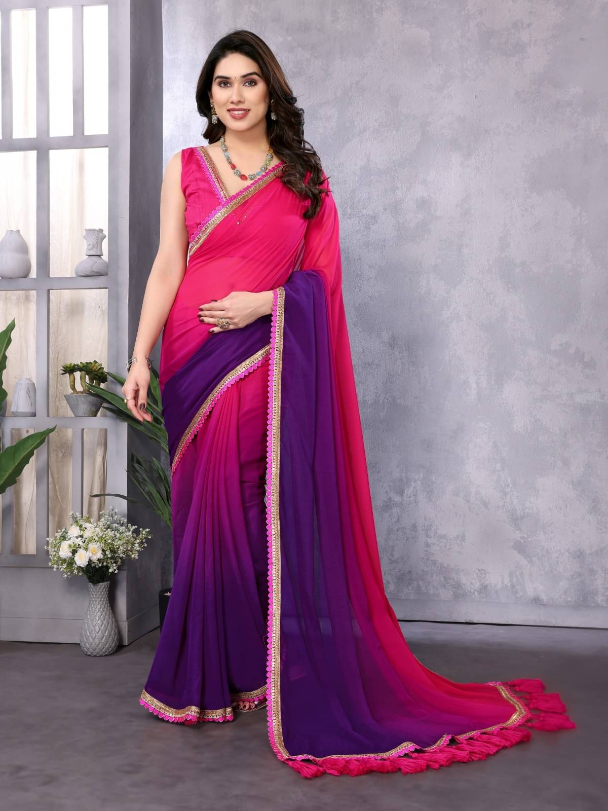 BLEESBURY Georgette Dyed Saree With Unstitched Blouse Piece ( Magenta ) BLEESBURY Georgette Dyed Saree With Unstitched Blouse Piece ( Magenta )