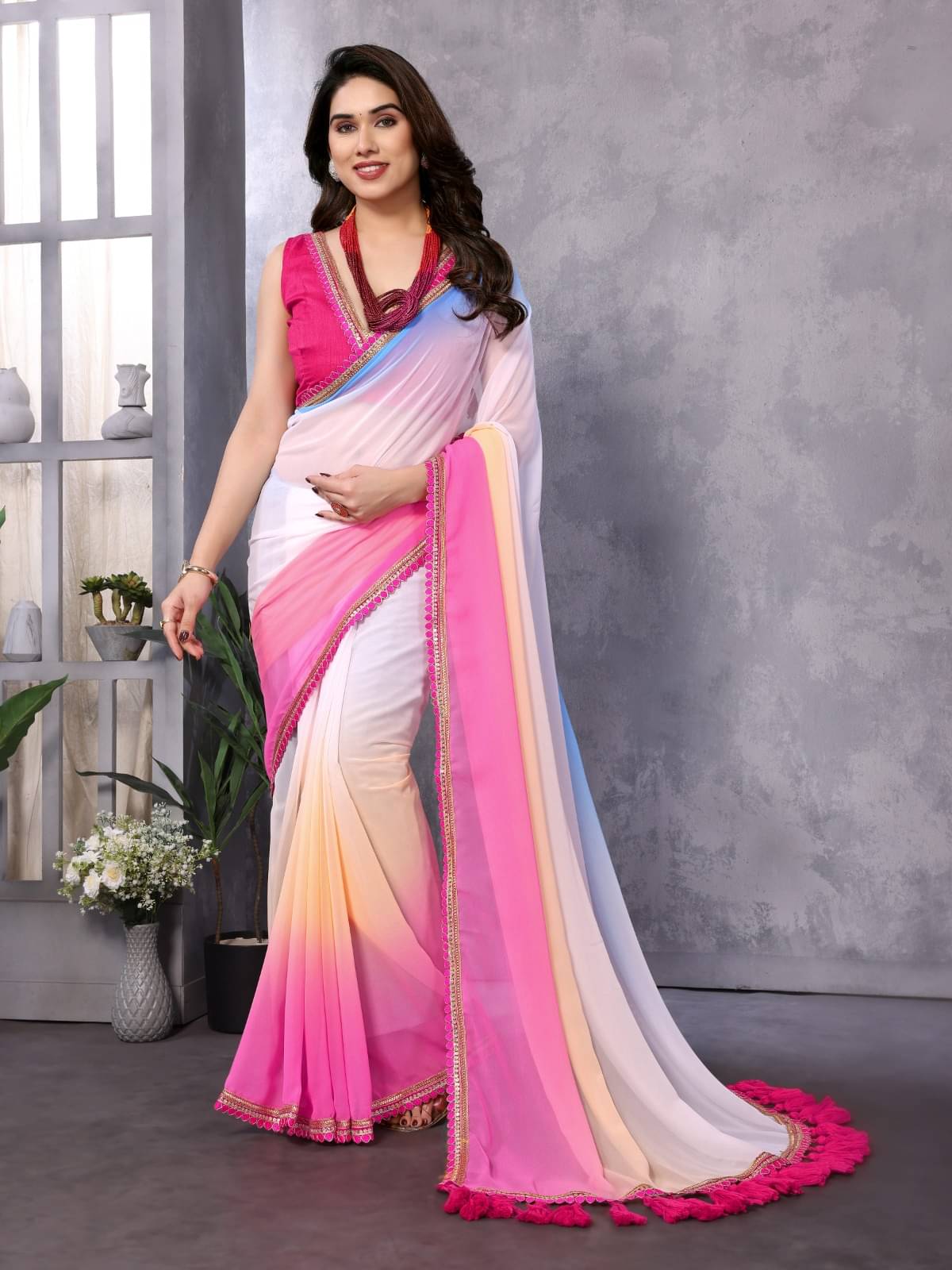 BLEESBURY Georgette Dyed Saree With Unstitched Blouse Piece ( Multicolor ) BLEESBURY Georgette Dyed Saree With Unstitched Blouse Piece ( Multicolor )