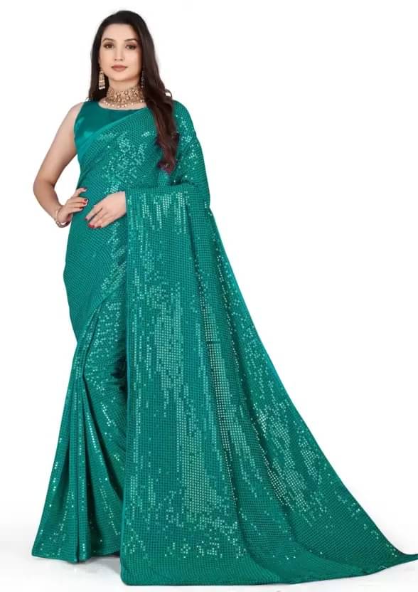 Samai Georgette Embellished Saree With Unstitched Blouse Piece ( Rama ) Samai Georgette Embellished Saree With Unstitched Blouse Piece ( Rama )