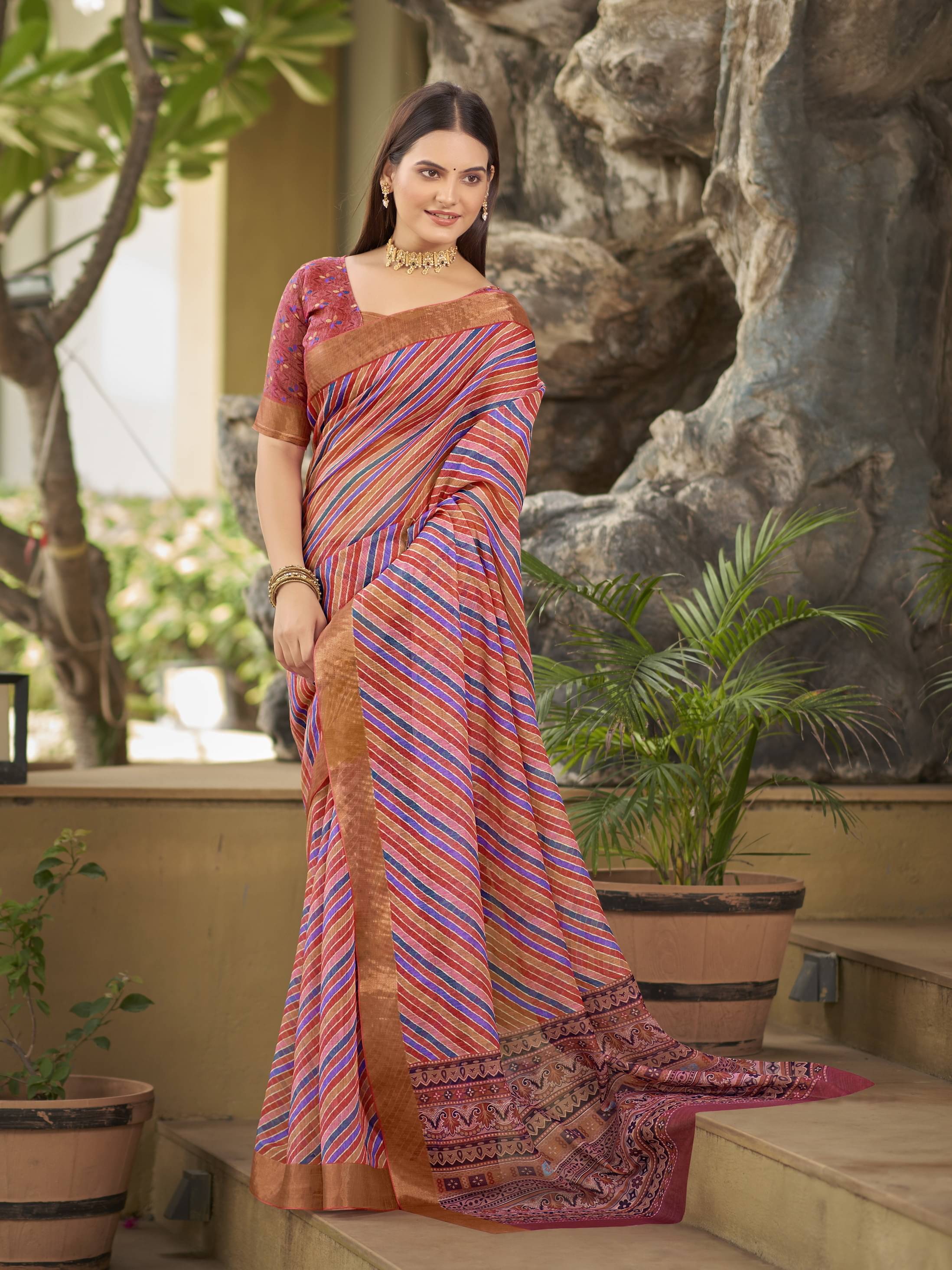 Sariya Chanderi Striped Saree With Unstitched Blouse Piece ( Multicolor ) Sariya Chanderi Striped Saree With Unstitched Blouse Piece ( Multicolor )