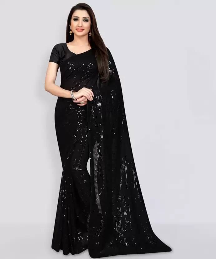     			Vkaran Georgette Embellished Saree With Unstitched Blouse Piece ( Black )