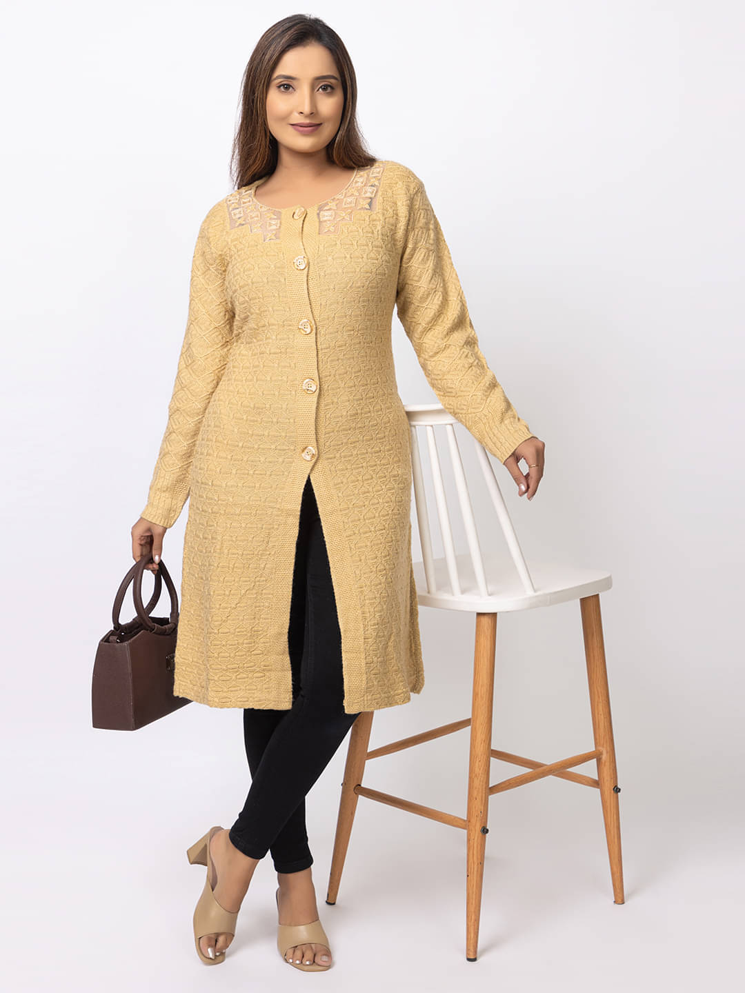 wool kart Woollen Round Neck Women's Buttoned Cardigans - Beige (Pack of 1) wool kart Woollen Round Neck Women's Buttoned Cardigans - Beige (Pack of 1)