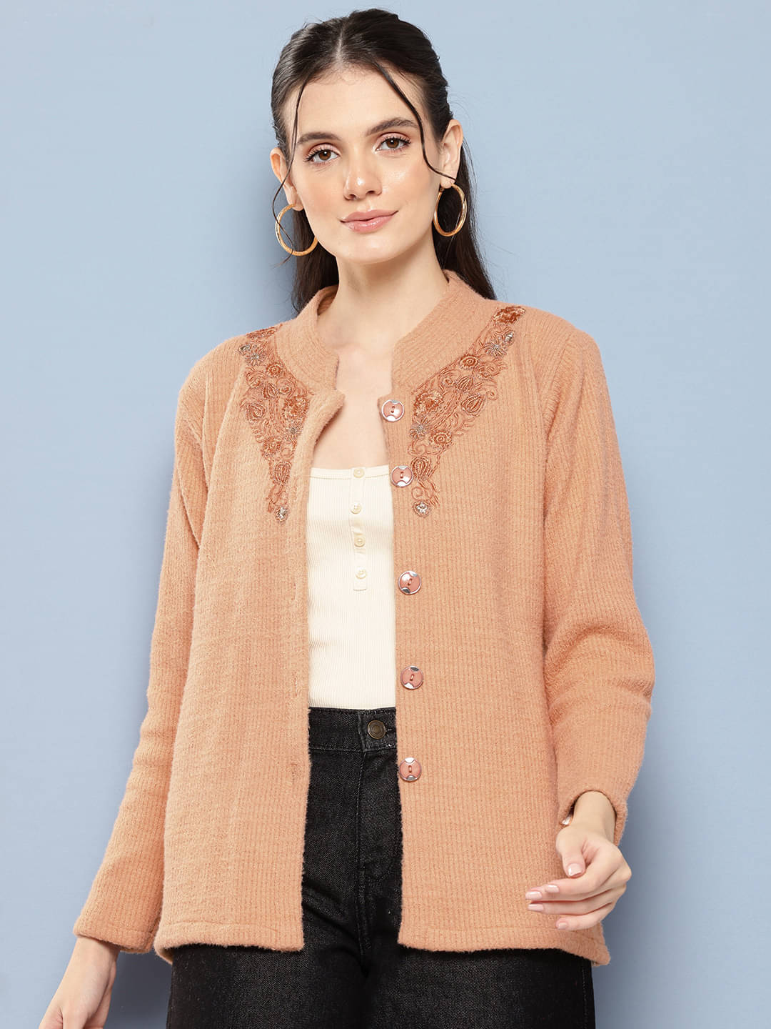 Aarika Woollen Regular Collar Women's Buttoned Cardigans - Peach ( Single ) Aarika Woollen Regular Collar Women's Buttoned Cardigans - Peach ( Single )