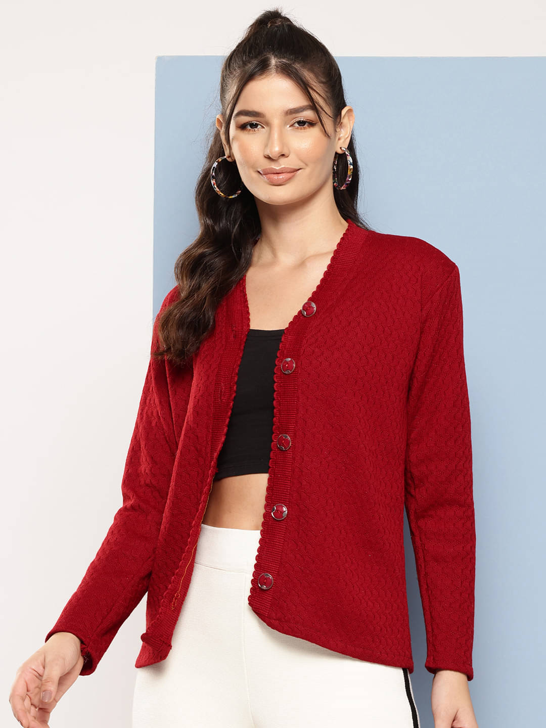     			Aarika Woollen V Neck Women's Buttoned Cardigans - Maroon ( Single )