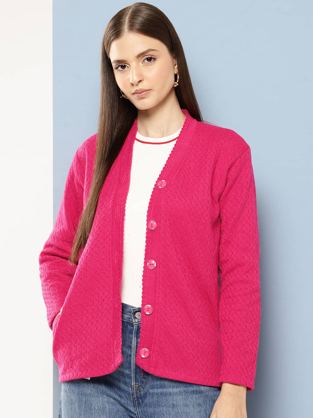 Aarika Woollen V Neck Women's Buttoned Cardigans - Pink ( Single ) Aarika Woollen V Neck Women's Buttoned Cardigans - Pink ( Single )