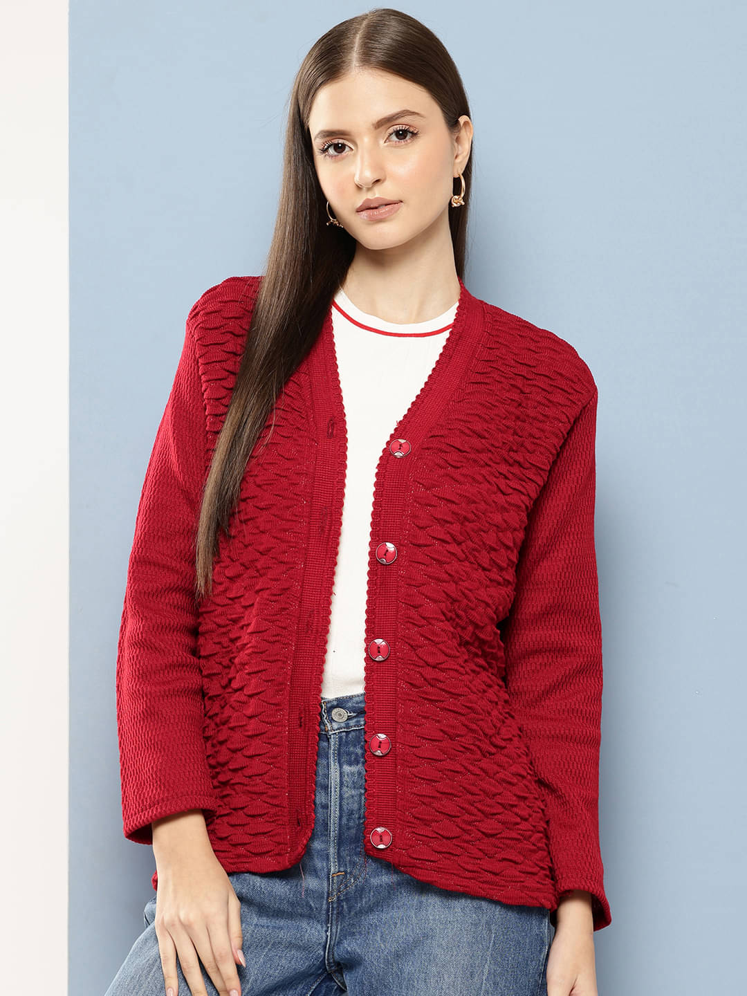     			Aarika Woollen V Neck Women's Buttoned Cardigans - Red ( Single )