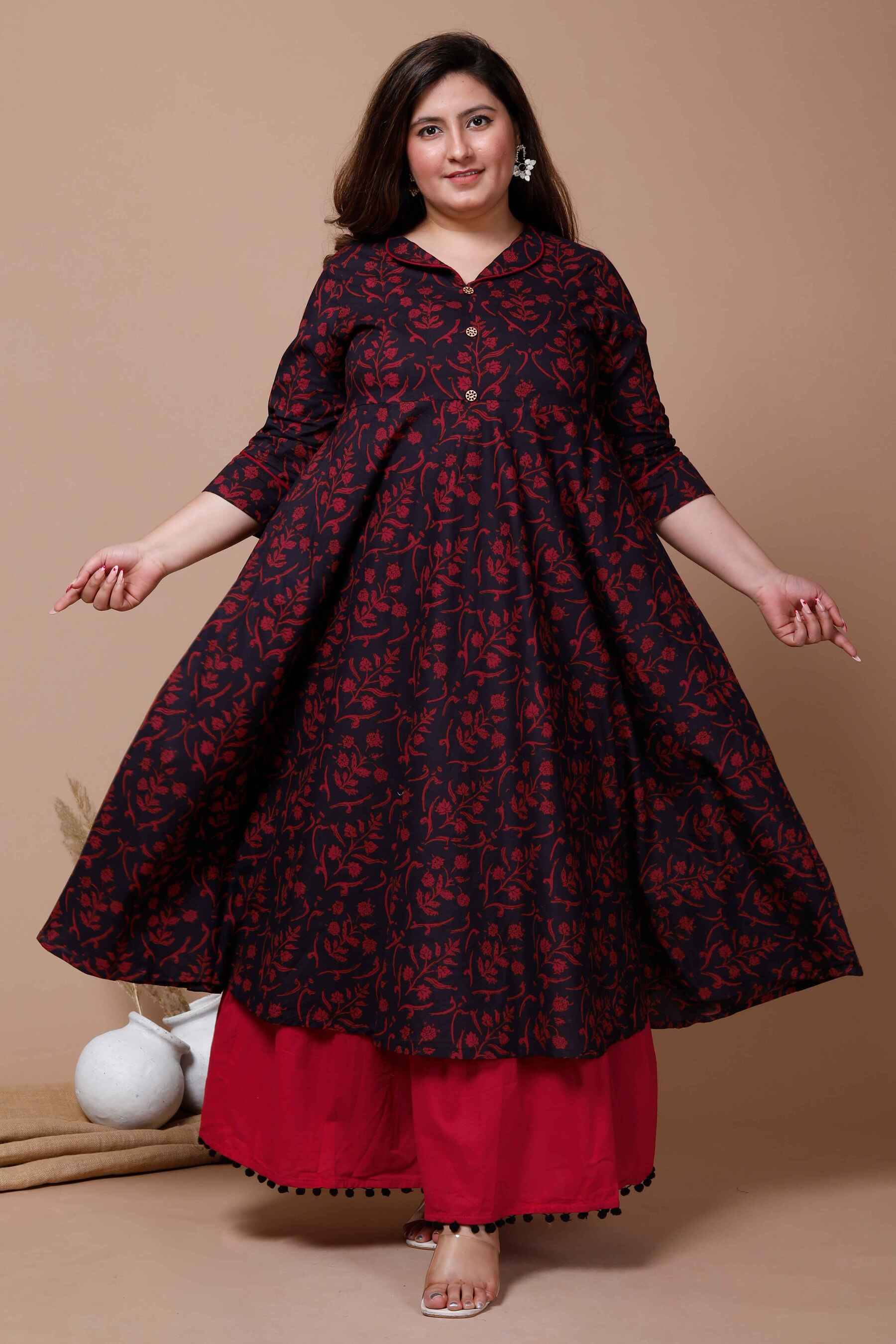 Angiya Pack of 1 Cotton Printed Anarkali Women's Kurti - ( Maroon ) Angiya Pack of 1 Cotton Printed Anarkali Women's Kurti - ( Maroon )