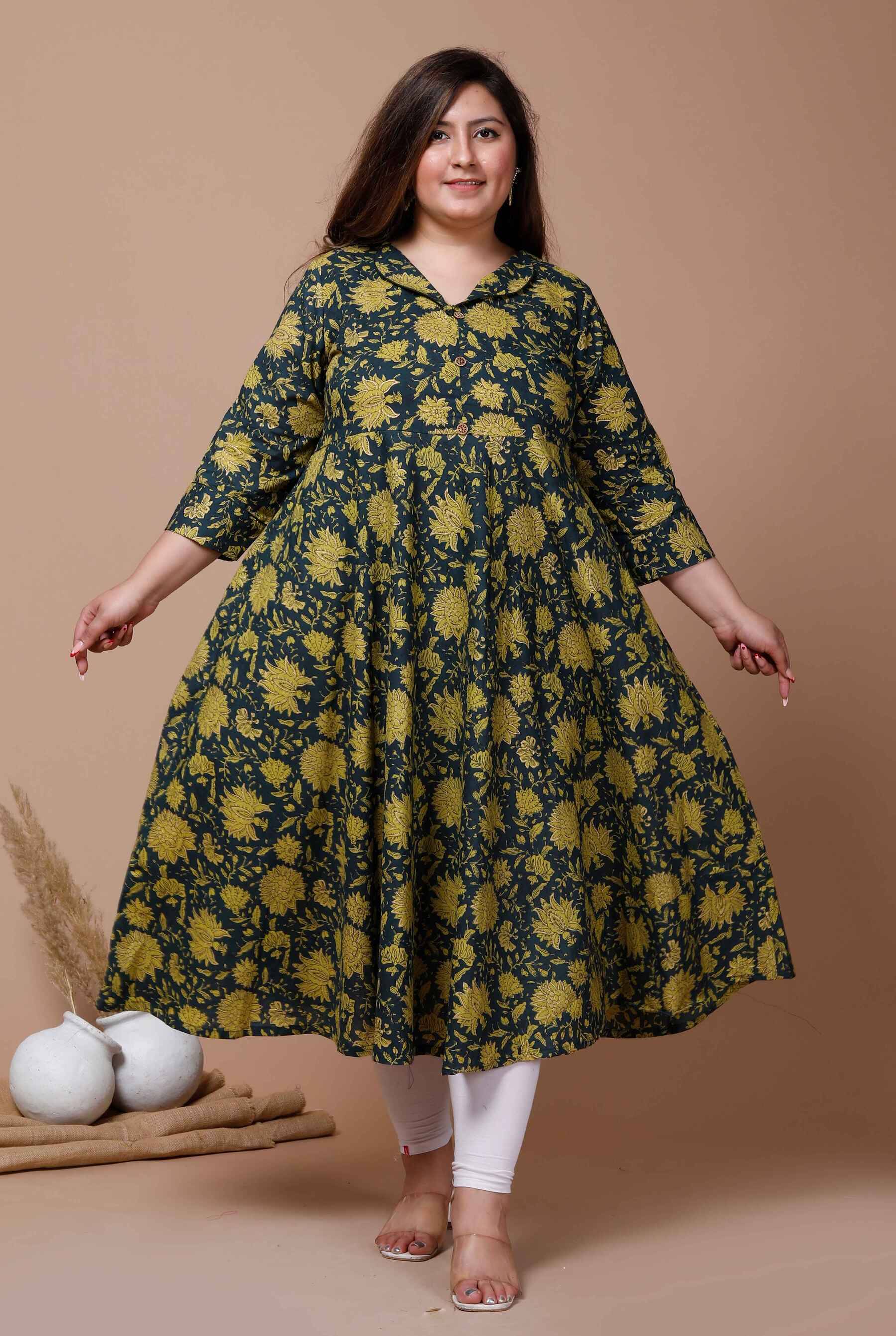     			Angiya Pack of 1 Cotton Printed Anarkali Women's Kurti - ( Green )