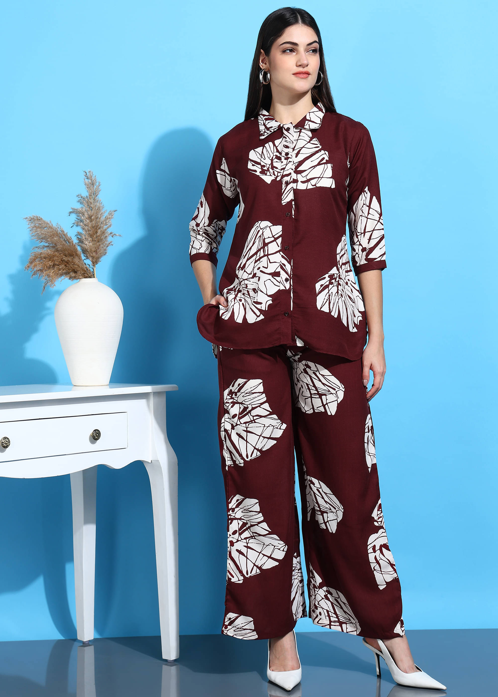     			Hiva Trendz Women Printed Shirt With Palazzos Co-Ord Set ( Maroon )
