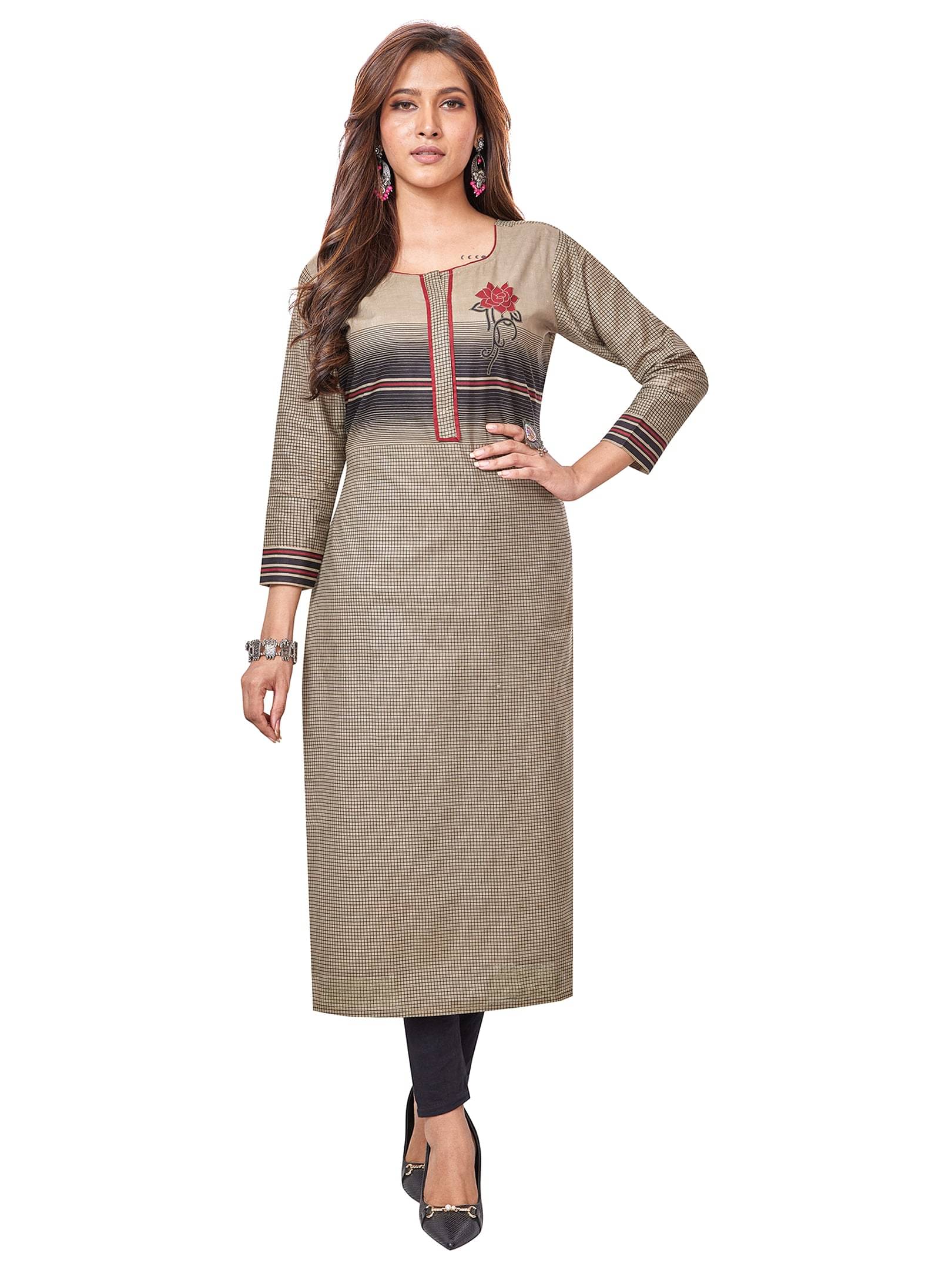 Jevi Prints Pack of 1 Cotton Checks Straight Women's Kurti - ( Beige )     			Jevi Prints Pack of 1 Cotton Checks Straight Women's Kurti - ( Beige )
