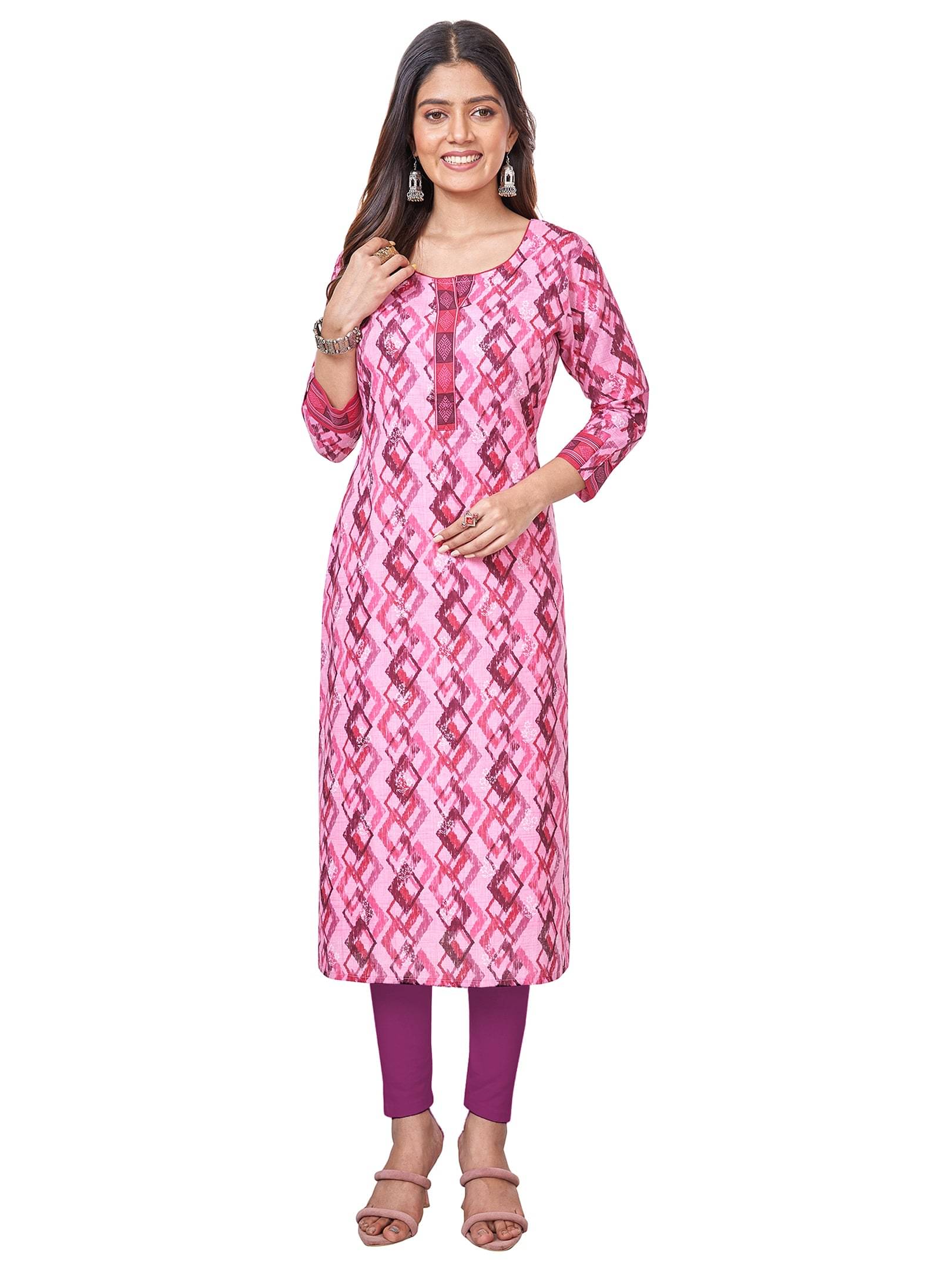 Jevi Prints Pack of 1 Cotton Printed Straight Women's Kurti - ( Pink ) Jevi Prints Pack of 1 Cotton Printed Straight Women's Kurti - ( Pink )