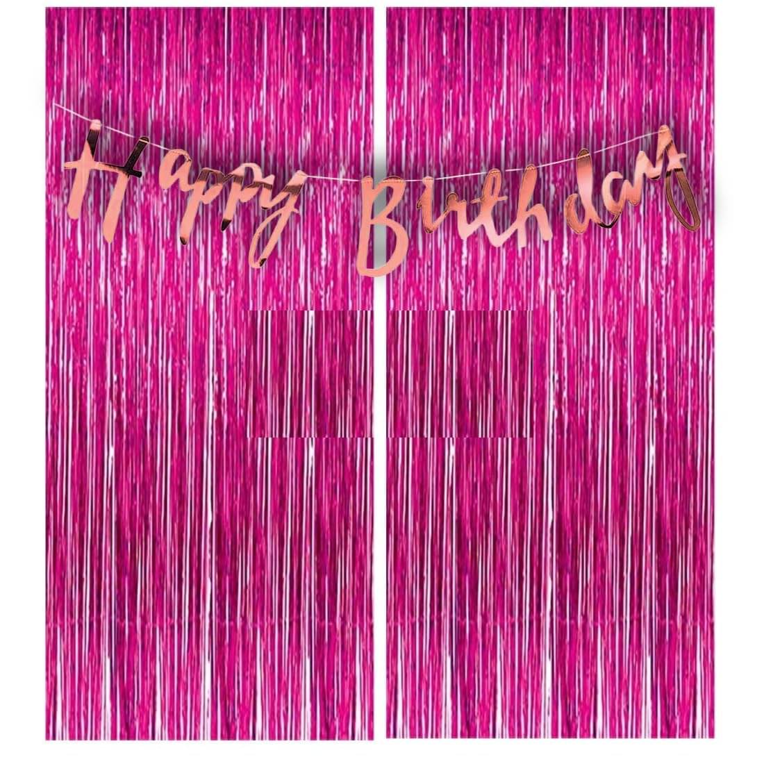     			PartyBooms Solid Happy Birthday RoseGold Cursive Banner Decoration 2 Pcs Pink Curtain (Pack of 3)