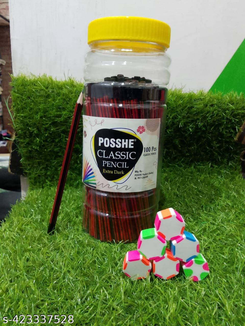 Posshe Red & black Pencil 100 Pcs Jar Pack with 4 PCS Large Florcent Hexa Eraser Posshe Red & black Pencil 100 Pcs Jar Pack with 4 PCS Large Florcent Hexa Eraser