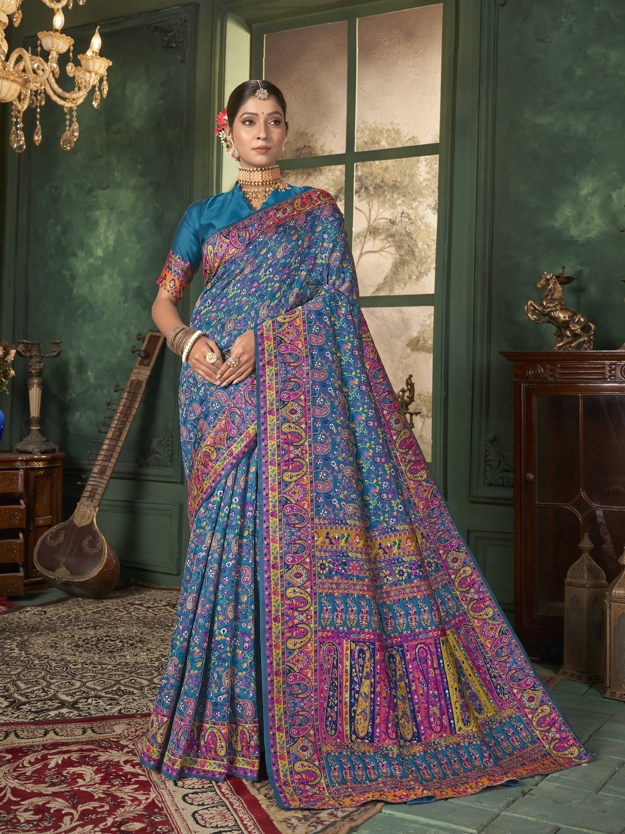 Sariya Jacquard Printed Saree With Unstitched Blouse Piece ( Blue ) Sariya Jacquard Printed Saree With Unstitched Blouse Piece ( Blue )