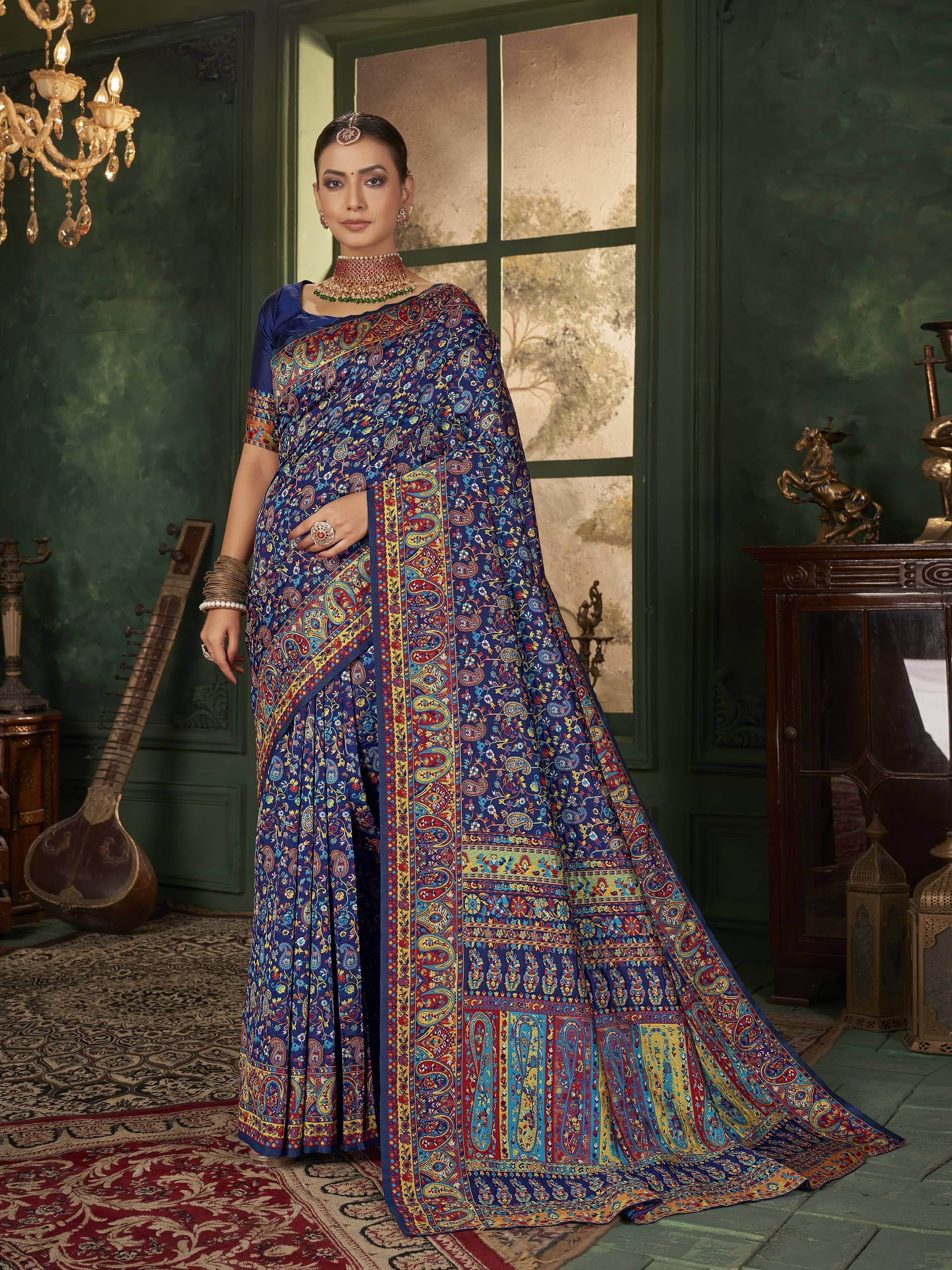     			Sariya Jacquard Printed Saree With Unstitched Blouse Piece ( Navy Blue )