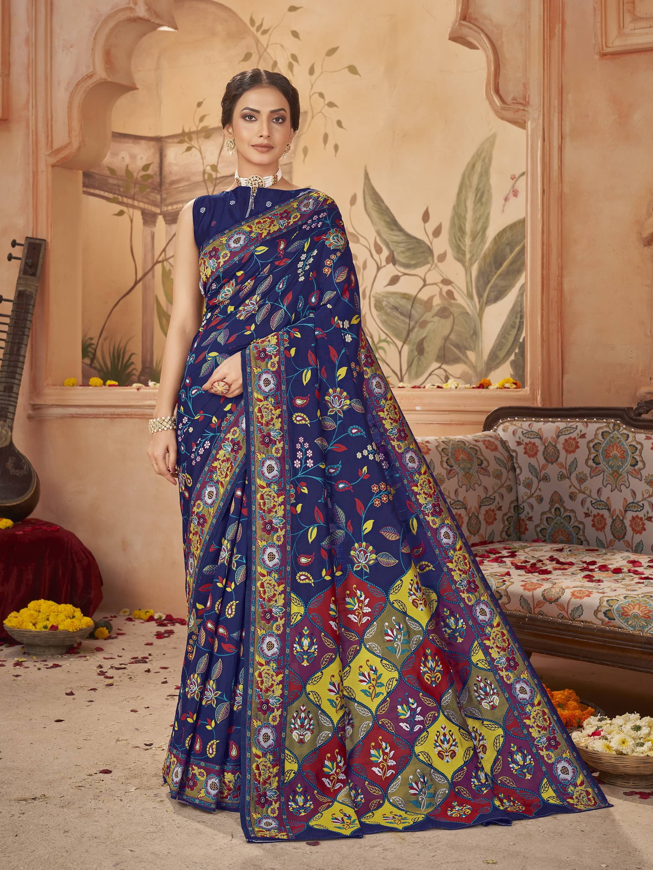 Sariya Jacquard Printed Saree With Unstitched Blouse Piece ( Navy Blue ) Sariya Jacquard Printed Saree With Unstitched Blouse Piece ( Navy Blue )